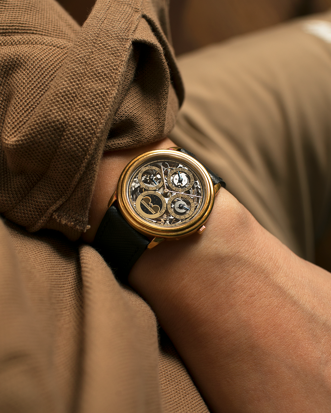Brand: Audemars Piguet Year: 1980’s Model: Quantieme Perpetual Calendar Openworked Reference Number: 25668BA Material: 18-carat Yellow Gold Movement: Audemars Piguet Cal. 2120/2800, Self-Winding Case Dimensions: 36mm x 8mm (Lug-to-Lug 37mm) Lug Width: 20mm Strap: Molequin Dark Navy Textured Calf Leather Strap with Signed 18-carat Yellow Gold Tang Buckle