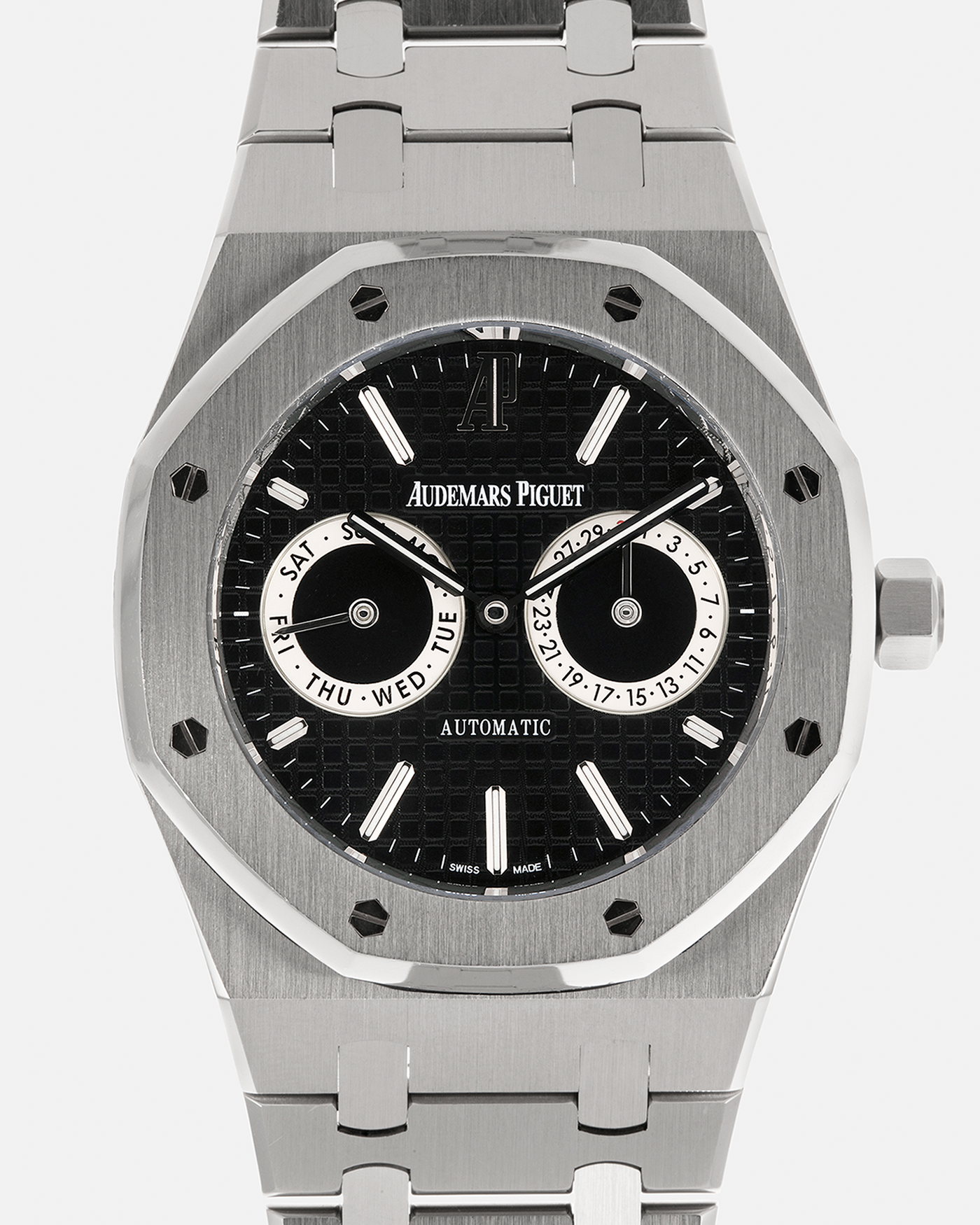 Brand: Audemars Piguet
Year: 2012
Model: Royal Oak Day Date
Reference: 26330ST.OO.1220ST.01.A
Material: Stainless Steel
Movement: Audemars Piguet Cal 2324/2810 (Derived from JLC Cal. 889), Self-Winding
Case Dimensions: 39mm x 10.5 (Lug-to-Lug 49mm)
Bracelet: Audemars Piguet Stainless Steel Integrated Bracelet