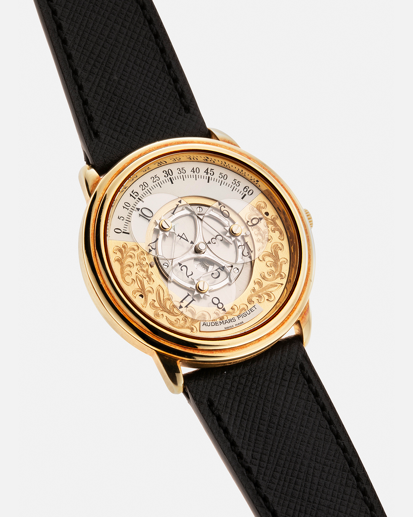 Brand: Audemars Piguet Year: 1990’s Model: Star Wheel Reference Number: 25720BA Material: 18-carat Yellow Gold  Movement: AP Cal. 2224, Self-Winding Case Diameter: 36mm Strap: Molequin Black Textured Calf Leather Strap with 18-carat Yellow Gold Signed Deployant Clasp