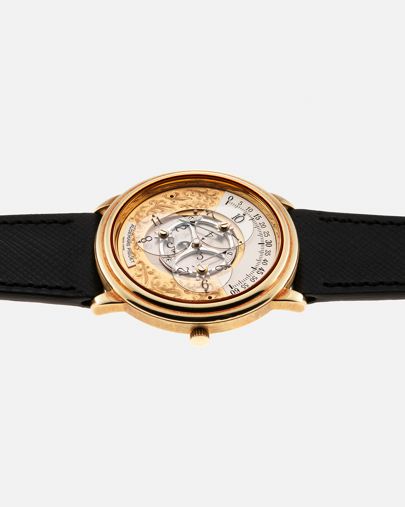 Brand: Audemars Piguet Year: 1990’s Model: Star Wheel Reference Number: 25720BA Material: 18-carat Yellow Gold  Movement: AP Cal. 2224, Self-Winding Case Diameter: 36mm Strap: Molequin Black Textured Calf Leather Strap with 18-carat Yellow Gold Signed Deployant Clasp