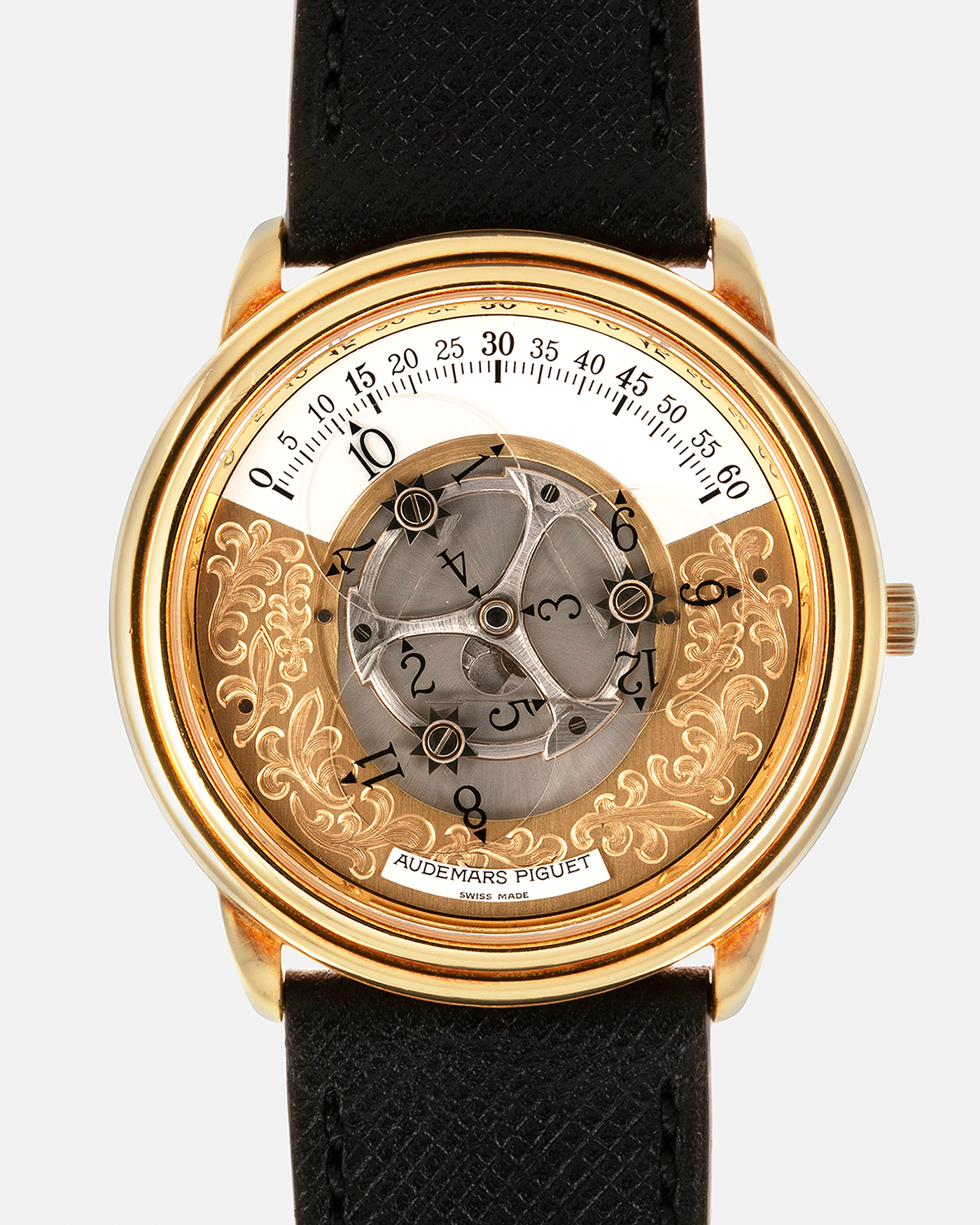 Brand: Audemars Piguet Year: 1990’s Model: Star Wheel Reference Number: 25720BA Material: 18-carat Yellow Gold  Movement: AP Cal. 2224, Self-Winding Case Diameter: 36mm Strap: Molequin Black Textured Calf Leather Strap with 18-carat Yellow Gold Signed Deployant Clasp