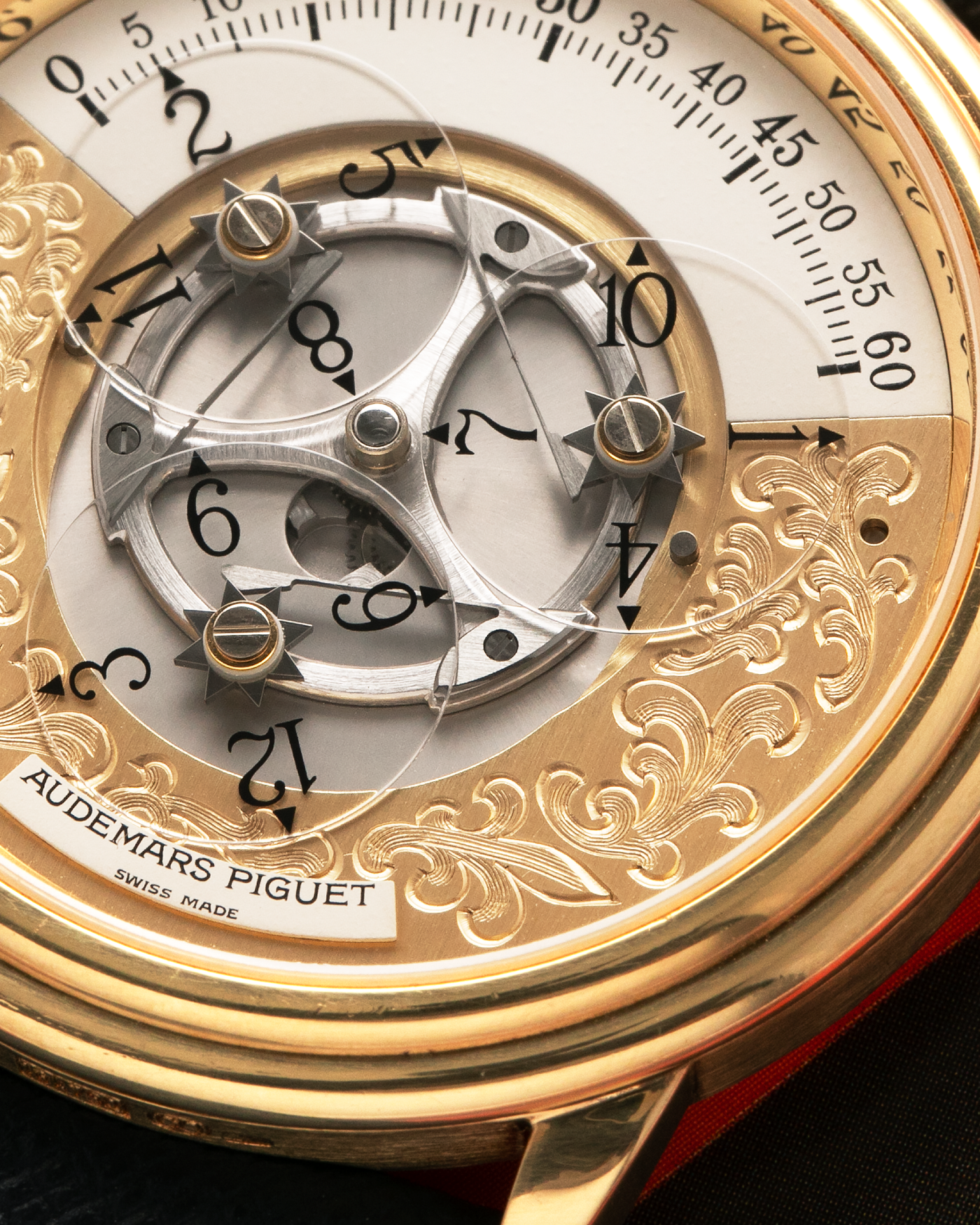 Brand: Audemars Piguet
Year: 1990’s
Model: Star Wheel
Reference Number: 25720BA
Material: 18-carat Yellow Gold 
Movement: AP Cal. 2224, Self-Winding
Case Diameter: 36mm
Strap: Molequin Navy Blue Textured Calf Leather Strap with 18-carat Yellow Gold Audemars Piguet Tang Buckle