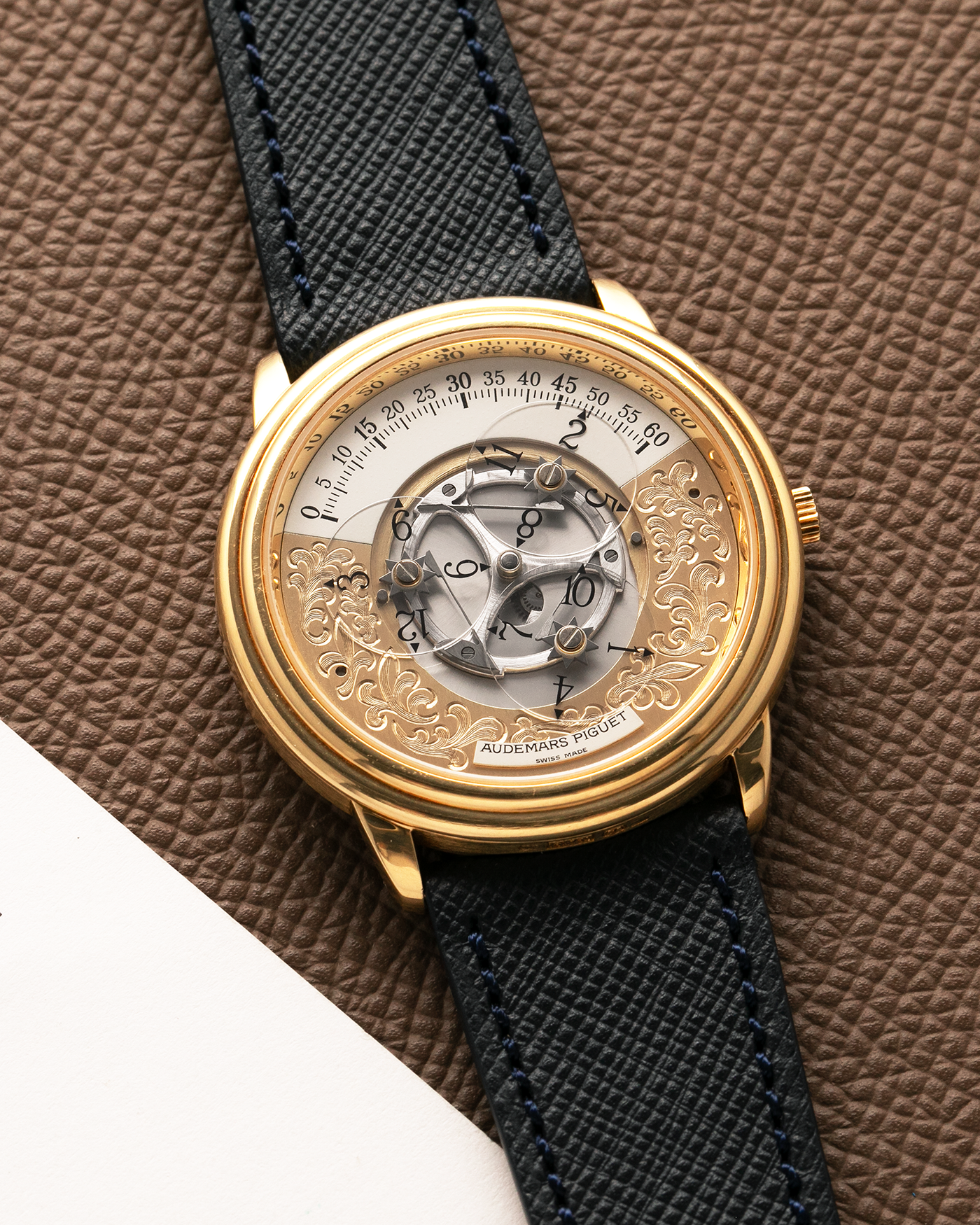 Brand: Audemars Piguet
Year: 1990’s
Model: Star Wheel
Reference Number: 25720BA
Material: 18-carat Yellow Gold 
Movement: AP Cal. 2224, Self-Winding
Case Diameter: 36mm
Strap: Molequin Navy Blue Textured Calf Leather Strap with 18-carat Yellow Gold Audemars Piguet Tang Buckle