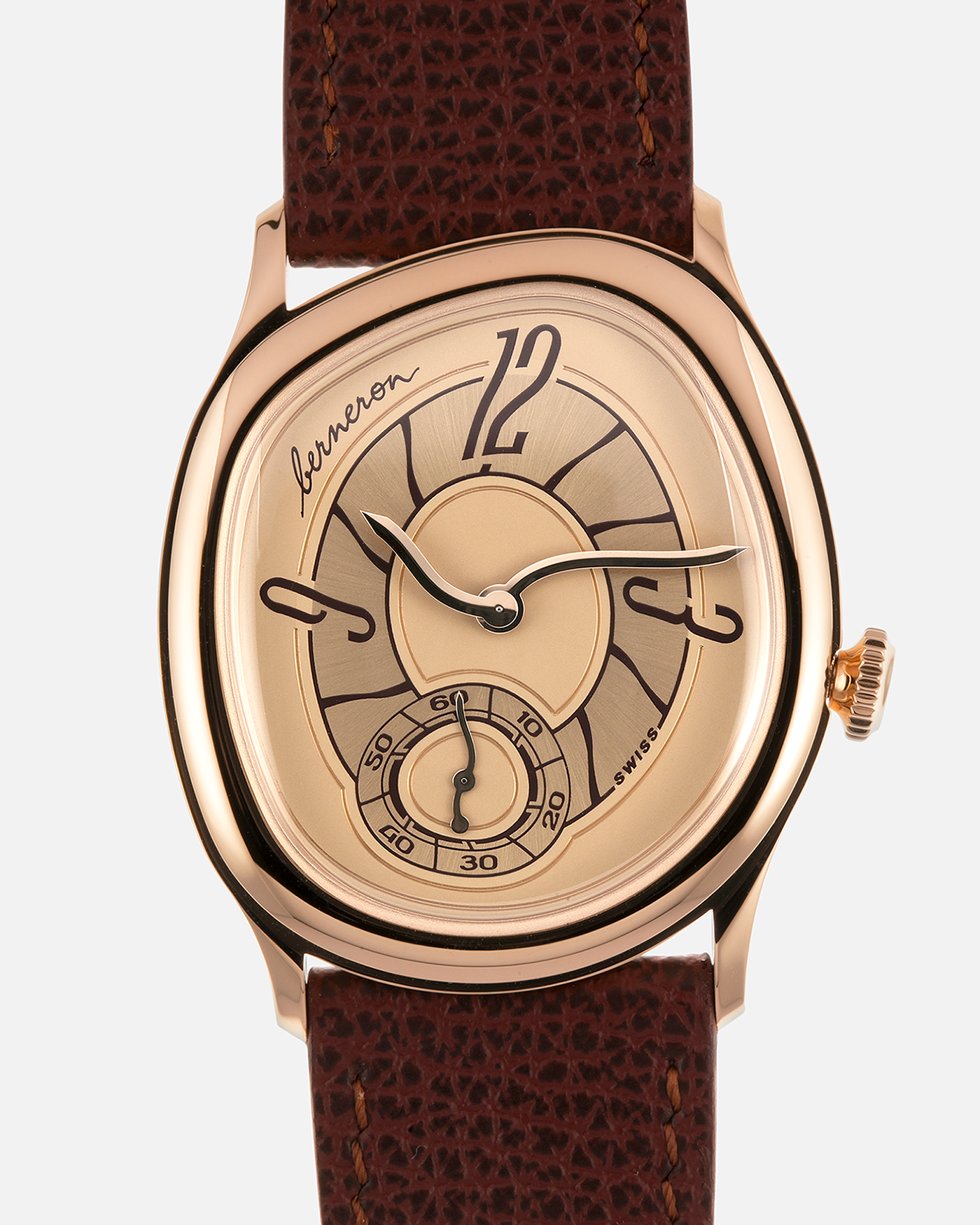 Brand: Berneron
Year: 2026
Model: Mirage 38 Sienna
Reference Number: 3438MS.G02
Material: Rose Gold
Movement: In-House, Manually-Wound Cal. 233
Case Dimensions: 38mm X 34mm (7mm Thickness)
Lug Width: 20mm
Strap: Berneron Red Brown Barenia Leather Strap and Berneron 18k Rose Gold Tang Buckle