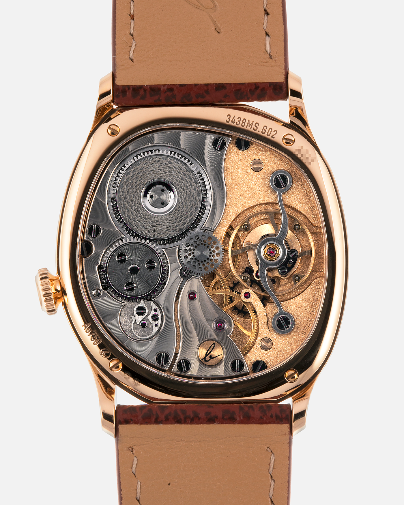 Brand: Berneron
Year: 2026
Model: Mirage 38 Sienna
Reference Number: 3438MS.G02
Material: Rose Gold
Movement: In-House, Manually-Wound Cal. 233
Case Dimensions: 38mm X 34mm (7mm Thickness)
Lug Width: 20mm
Strap: Berneron Red Brown Barenia Leather Strap and Berneron 18k Rose Gold Tang Buckle