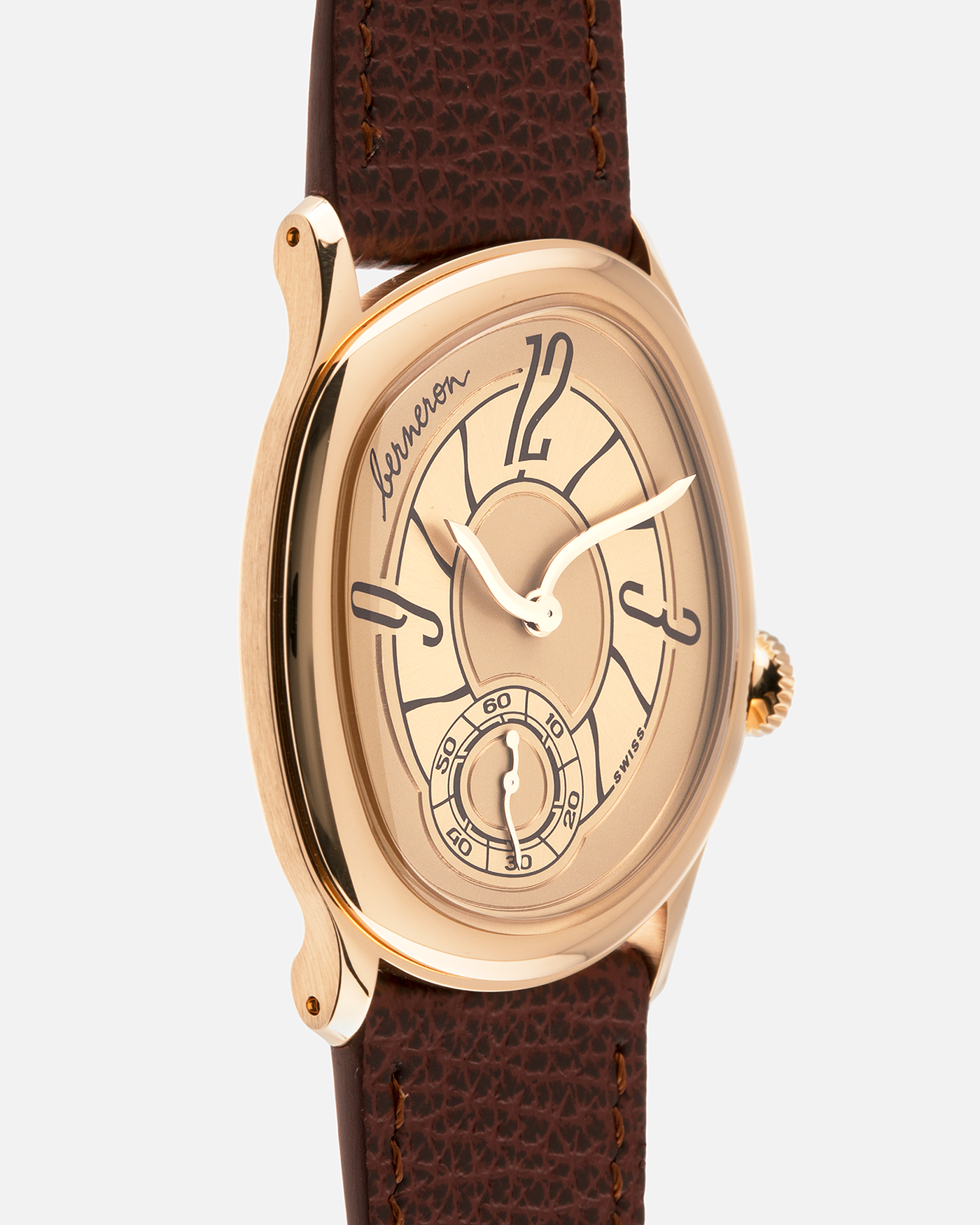 Brand: Berneron
Year: 2026
Model: Mirage 38 Sienna
Reference Number: 3438MS.G02
Material: Rose Gold
Movement: In-House, Manually-Wound Cal. 233
Case Dimensions: 38mm X 34mm (7mm Thickness)
Lug Width: 20mm
Strap: Berneron Red Brown Barenia Leather Strap and Berneron 18k Rose Gold Tang Buckle