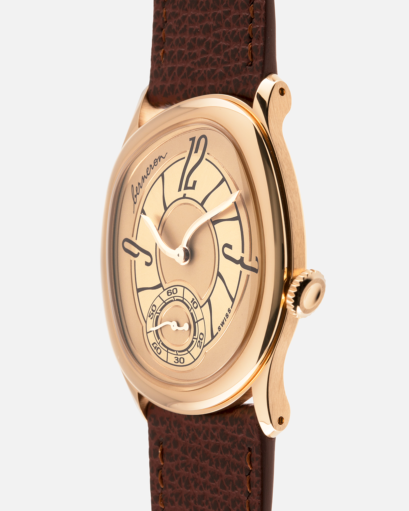 Brand: Berneron
Year: 2026
Model: Mirage 38 Sienna
Reference Number: 3438MS.G02
Material: Rose Gold
Movement: In-House, Manually-Wound Cal. 233
Case Dimensions: 38mm X 34mm (7mm Thickness)
Lug Width: 20mm
Strap: Berneron Red Brown Barenia Leather Strap and Berneron 18k Rose Gold Tang Buckle