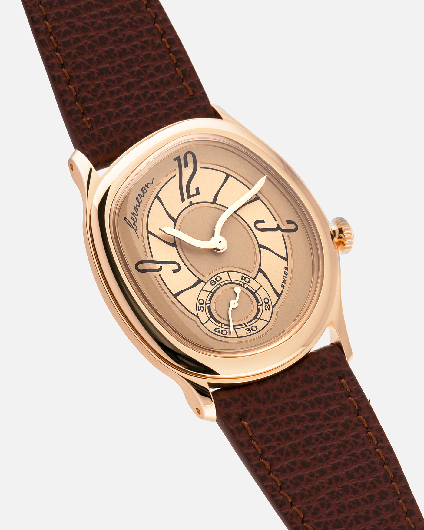 Brand: Berneron
Year: 2026
Model: Mirage 38 Sienna
Reference Number: 3438MS.G02
Material: Rose Gold
Movement: In-House, Manually-Wound Cal. 233
Case Dimensions: 38mm X 34mm (7mm Thickness)
Lug Width: 20mm
Strap: Berneron Red Brown Barenia Leather Strap and Berneron 18k Rose Gold Tang Buckle