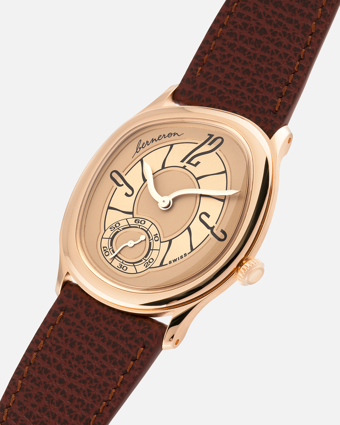 Brand: Berneron
Year: 2026
Model: Mirage 38 Sienna
Reference Number: 3438MS.G02
Material: Rose Gold
Movement: In-House, Manually-Wound Cal. 233
Case Dimensions: 38mm X 34mm (7mm Thickness)
Lug Width: 20mm
Strap: Berneron Red Brown Barenia Leather Strap and Berneron 18k Rose Gold Tang Buckle