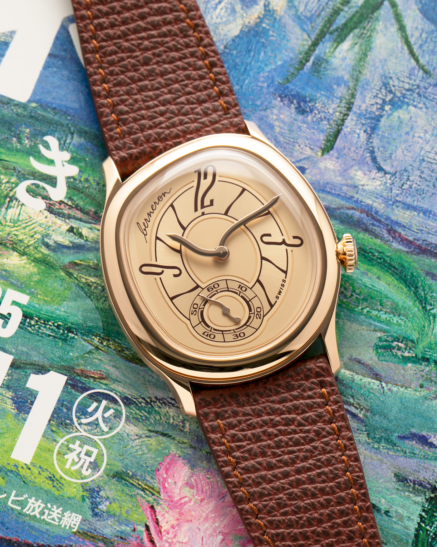Brand: Berneron
Year: 2026
Model: Mirage 38 Sienna
Reference Number: 3438MS.G02
Material: Rose Gold
Movement: In-House, Manually-Wound Cal. 233
Case Dimensions: 38mm X 34mm (7mm Thickness)
Lug Width: 20mm
Strap: Berneron Red Brown Barenia Leather Strap and Berneron 18k Rose Gold Tang Buckle