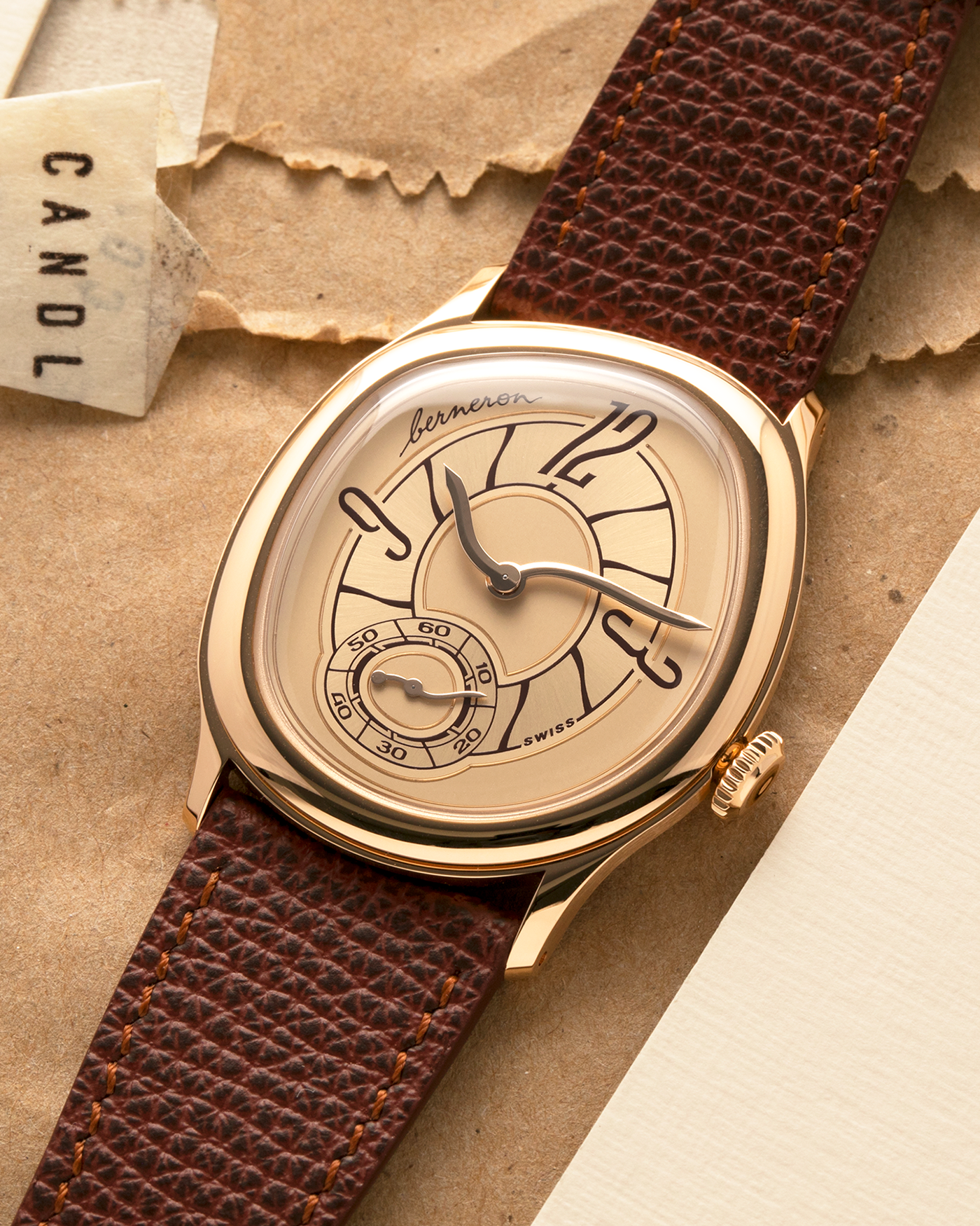 Brand: Berneron
Year: 2026
Model: Mirage 38 Sienna
Reference Number: 3438MS.G02
Material: Rose Gold
Movement: In-House, Manually-Wound Cal. 233
Case Dimensions: 38mm X 34mm (7mm Thickness)
Lug Width: 20mm
Strap: Berneron Red Brown Barenia Leather Strap and Berneron 18k Rose Gold Tang Buckle