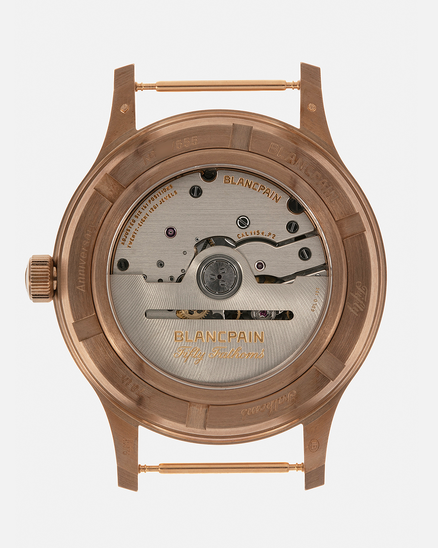 Brand: Blancpain
Year: 2024
Model: Fifty Fathoms 70th Anniversary Act 3, Limited Edition of 555 Pieces
Reference Number: 5901-5630 NANA
Material: 9-carat Bronze Gold, Black Ceramic Bezel Insert
Movement: Blancpain Cal. 1154.P2 (Derived from Blancpain Cal. 1150), Self-Winding
Case Dimensions: 41.3mm x 13.3mm (Lug-to-Lug 41.3mm)
Lug Width: 20mm
Strap: Blancpain Two-Tone NATO Strap with Signed 9-carat Bronze Gold Tang Buckle