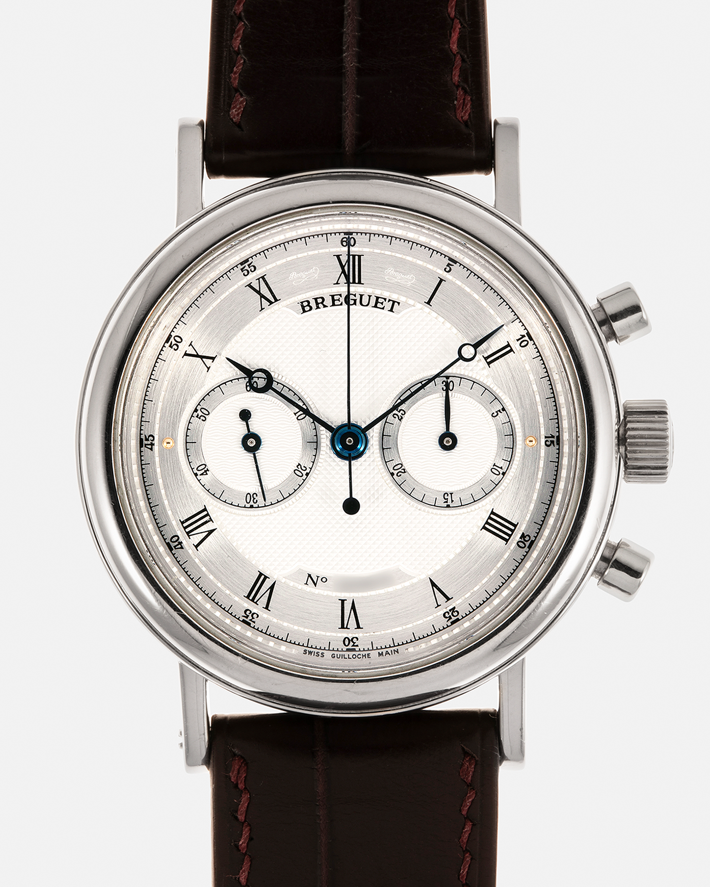 Brand: Breguet
Year: 2006
Model: Classique Chronograph
Reference Number: 5237
Material: 18-carat White Gold
Movement: Breguet Cal. 533.3 (Based on the Lemania Cal. 2320), Manual-Winding
Case Dimensions: 38mm x 10.5mm (Lug-to-Lug 45.2mm)
Lug Width: 20mm
Strap: ZousViet Dark Brown Stitched Alligator Leather Strap with Signed 18-carat White Gold Deployant Clasp