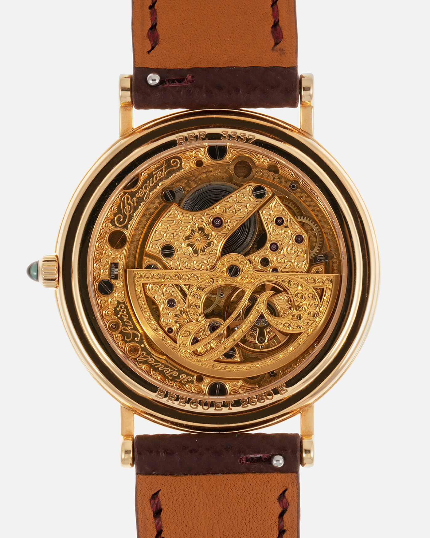 Brand: Breguet Year: 1990’s Model: Classique Day-Date Moon Phase Reference: 3337 Material: 18-carat Yellow Gold Movement: Breguet Cal. 502, Self-Winding Case Diameter: 36mm Lug Width: 18mm Strap: Generic Mahogany Brown Textured Calf Leather with Signed 18-carat Yellow Gold Tang Buckle