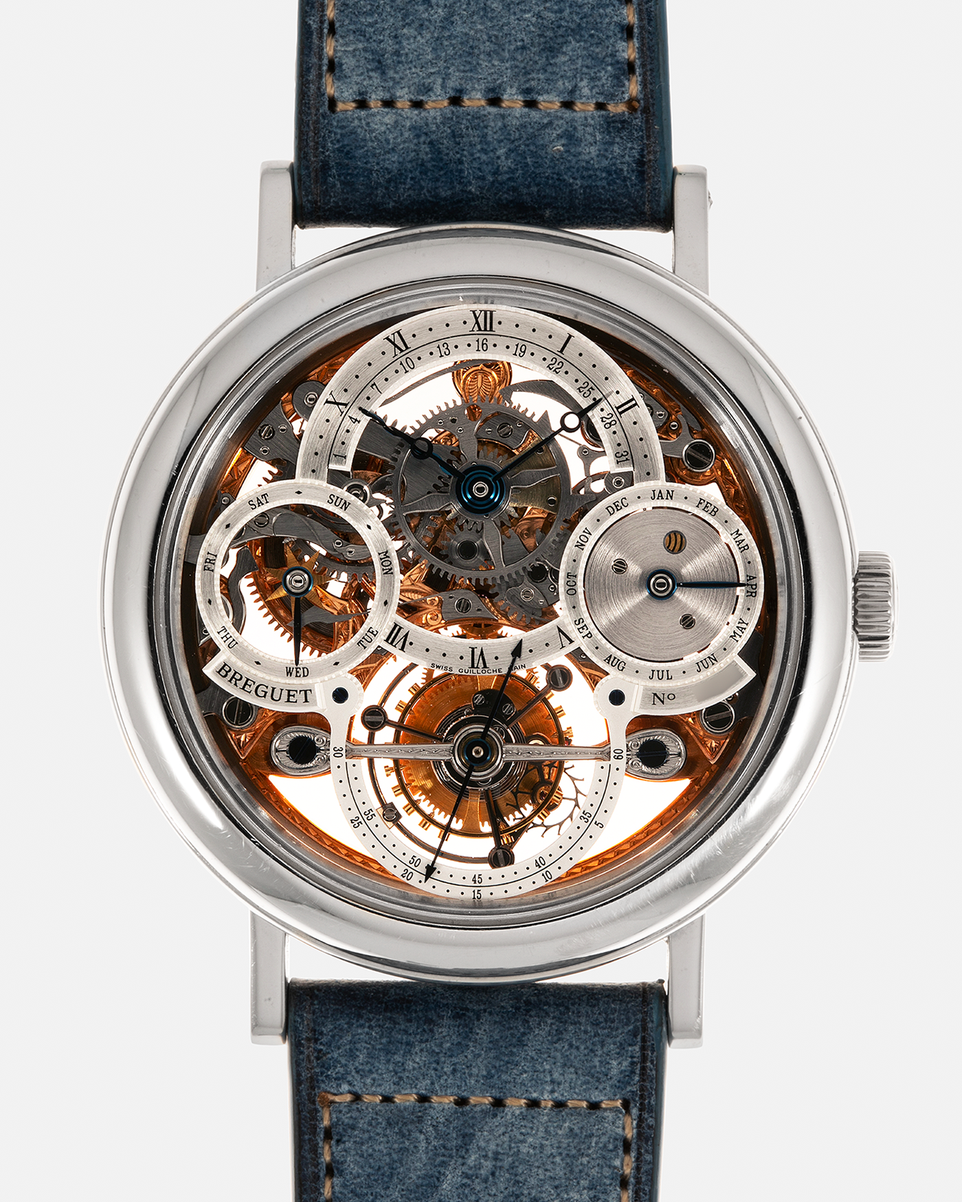 Brand: Breguet Year: 2000s Model: Classique Perpetual Calendar Tourbillon Reference Number: 3755 Material: Platinum 950 Movement: Breguet Cal. 558QPSQ, Manual-Winding Case Diameter: 40mm Lug Width: 20mm Strap: Strapology Denim Blue Calf Leather Strap with Signed Platinum 950 Deployant Buckle