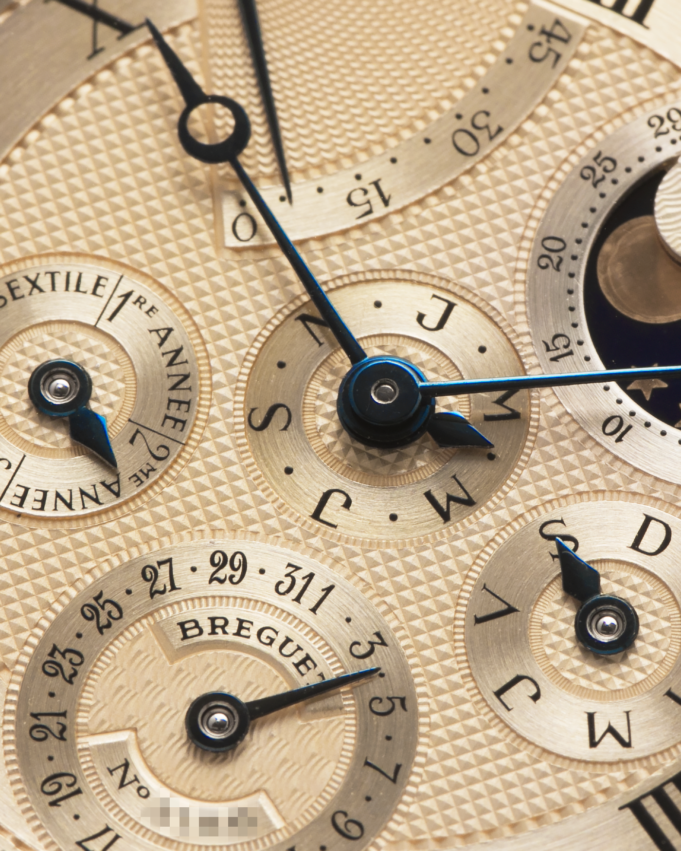 Brand: Breguet
Year: 1994 C Series
Model: Classique Quantième Perpétuel
Reference: 3310BA
Material: 18-carat Yellow Gold
Movement: Breguet Cal. 502 DRP, Self-Winding (based on the Frédéric Piguet Cal. 71)
Case Dimensions: 36mm x 8mm (Lug-to-Lug mm 43.5mm)
Lug Width: 18 mm
Strap: Molequin Dark Navy Textured Calf Leather Strap with Signed 18-carat Yellow Gold Tang Buckle