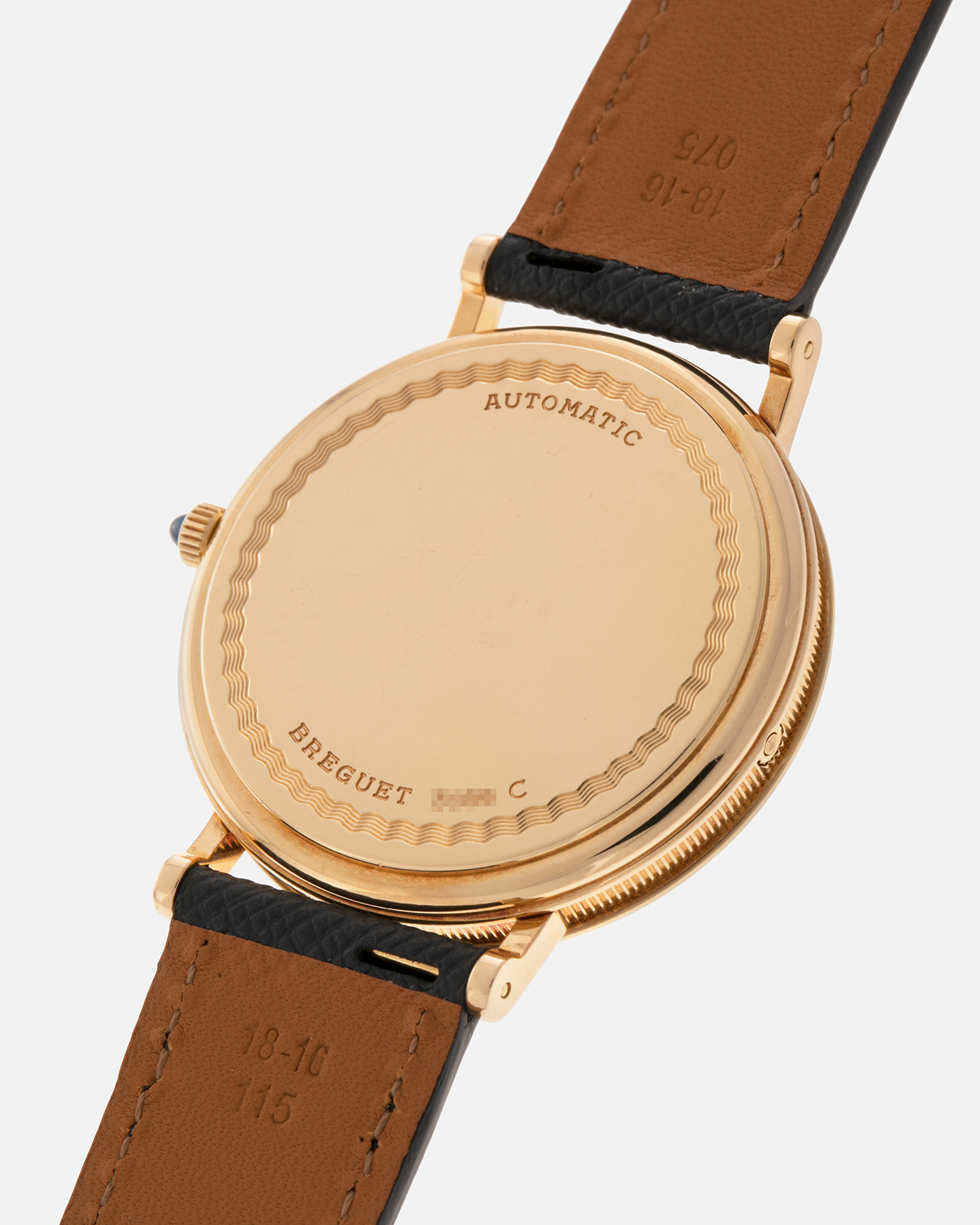 Brand: Breguet
Year: 1994 C Series
Model: Classique Quantième Perpétuel
Reference: 3310BA
Material: 18-carat Yellow Gold
Movement: Breguet Cal. 502 DRP, Self-Winding (based on the Frédéric Piguet Cal. 71)
Case Dimensions: 36mm x 8mm (Lug-to-Lug mm 43.5mm)
Lug Width: 18 mm
Strap: Molequin Dark Navy Textured Calf Leather Strap with Signed 18-carat Yellow Gold Tang Buckle