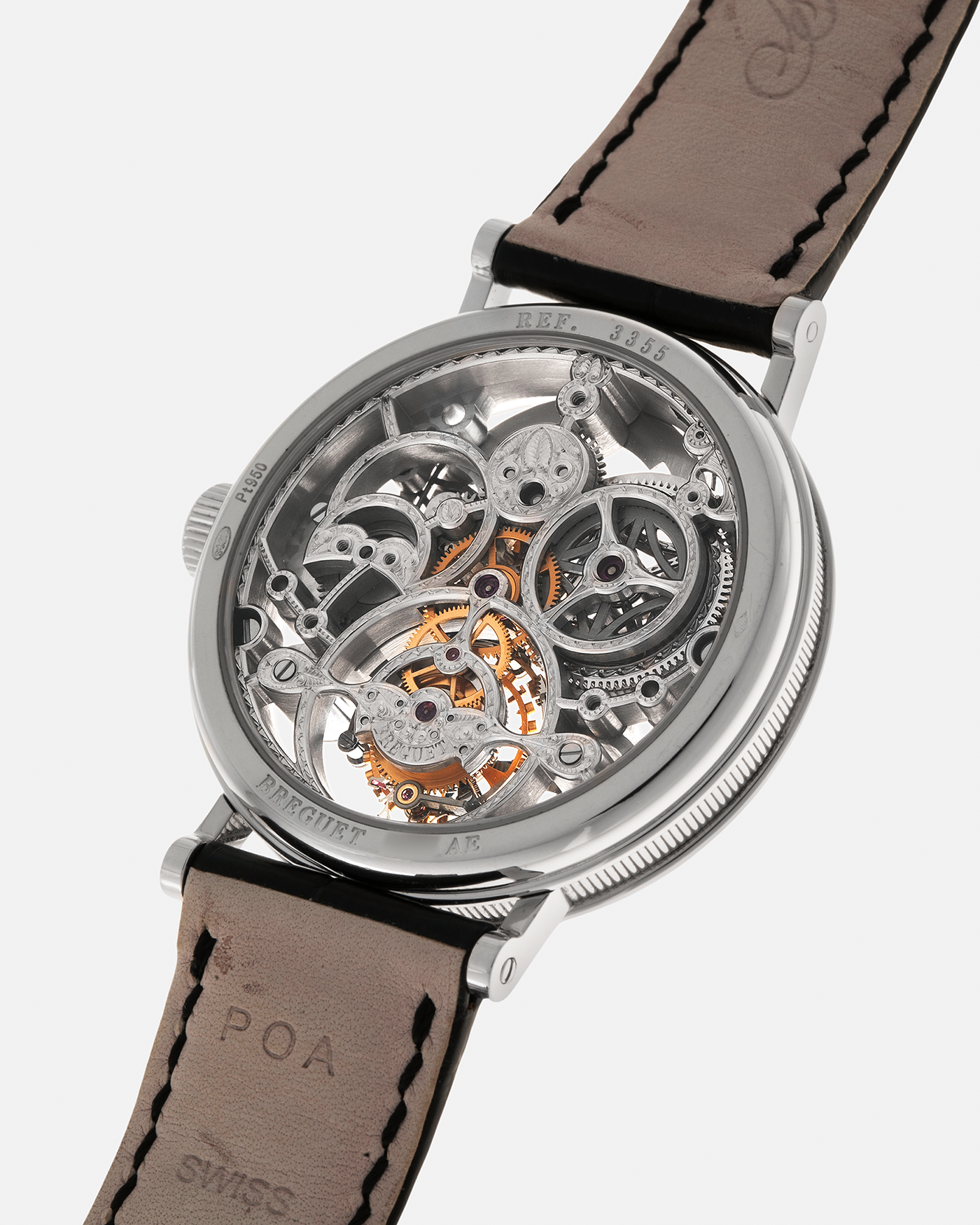 Brand: Breguet
Year: 2000s
Model: Classique Tourbillon ‘Squelette’
Reference Number: 3355PT/00/986
Case Material: Platinum 950
Movement: Breguet Cal. 558 SQ1, Manual-Winding
Case Dimensions: 36mm x 9mm (Lug-to-Lug 43mm)
Lug Width: 18mm
Strap: Breguet Black Alligator Leather Strap with Signed Platinum 950 Deployant Clasp