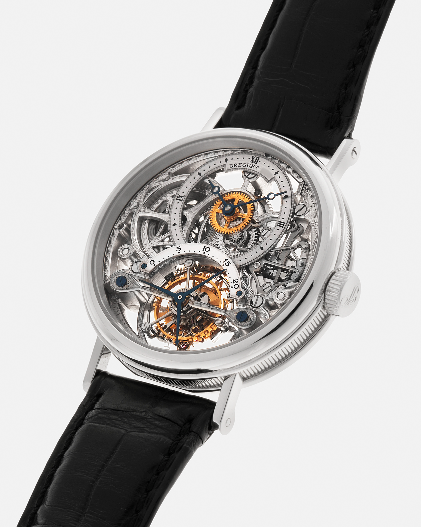 Brand: Breguet
Year: 2000s
Model: Classique Tourbillon ‘Squelette’
Reference Number: 3355PT/00/986
Case Material: Platinum 950
Movement: Breguet Cal. 558 SQ1, Manual-Winding
Case Dimensions: 36mm x 9mm (Lug-to-Lug 43mm)
Lug Width: 18mm
Strap: Breguet Black Alligator Leather Strap with Signed Platinum 950 Deployant Clasp
