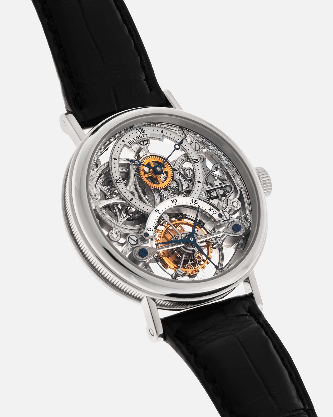 Brand: Breguet
Year: 2000s
Model: Classique Tourbillon ‘Squelette’
Reference Number: 3355PT/00/986
Case Material: Platinum 950
Movement: Breguet Cal. 558 SQ1, Manual-Winding
Case Dimensions: 36mm x 9mm (Lug-to-Lug 43mm)
Lug Width: 18mm
Strap: Breguet Black Alligator Leather Strap with Signed Platinum 950 Deployant Clasp