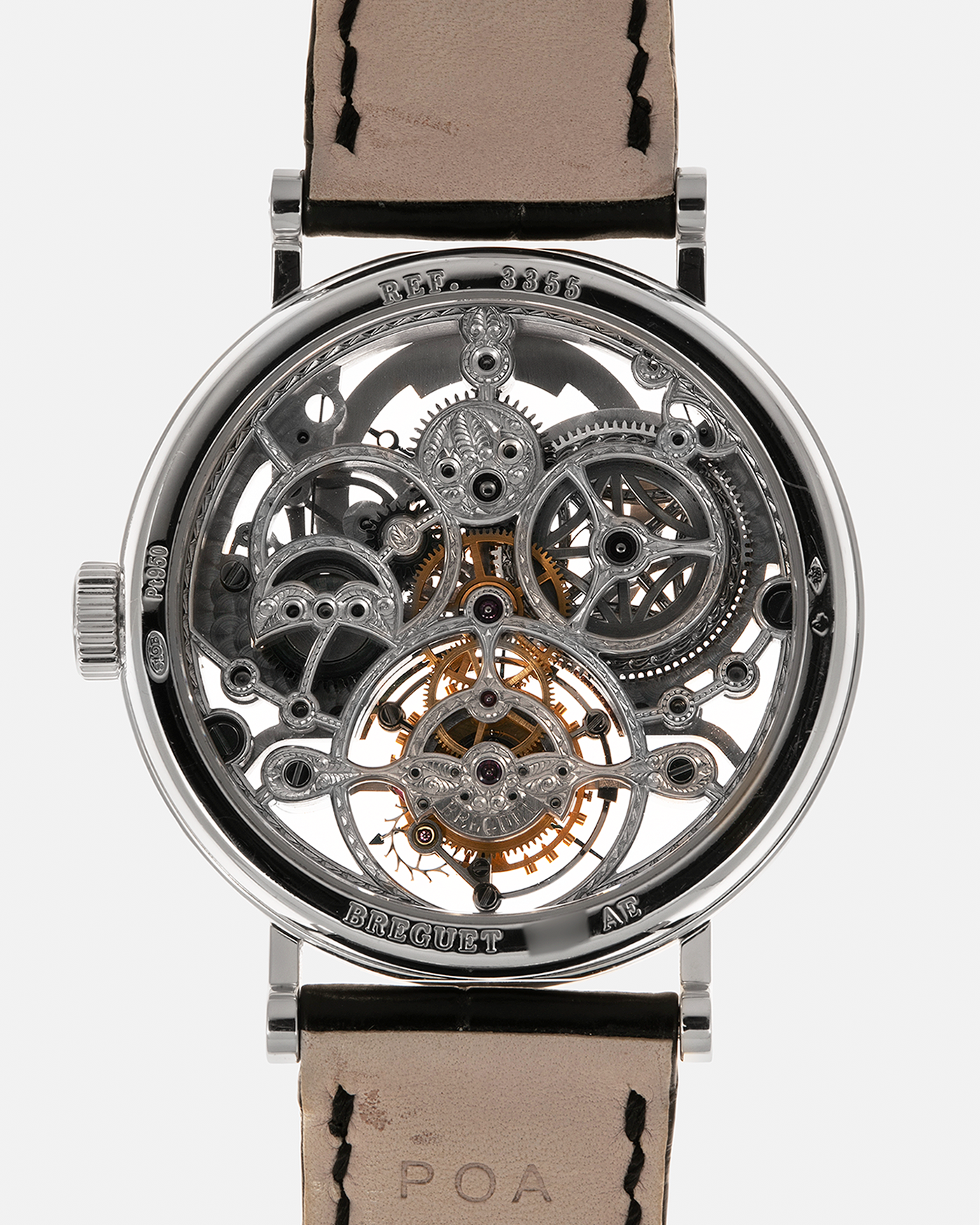 Brand: Breguet
Year: 2000s
Model: Classique Tourbillon ‘Squelette’
Reference Number: 3355PT/00/986
Case Material: Platinum 950
Movement: Breguet Cal. 558 SQ1, Manual-Winding
Case Dimensions: 36mm x 9mm (Lug-to-Lug 43mm)
Lug Width: 18mm
Strap: Breguet Black Alligator Leather Strap with Signed Platinum 950 Deployant Clasp