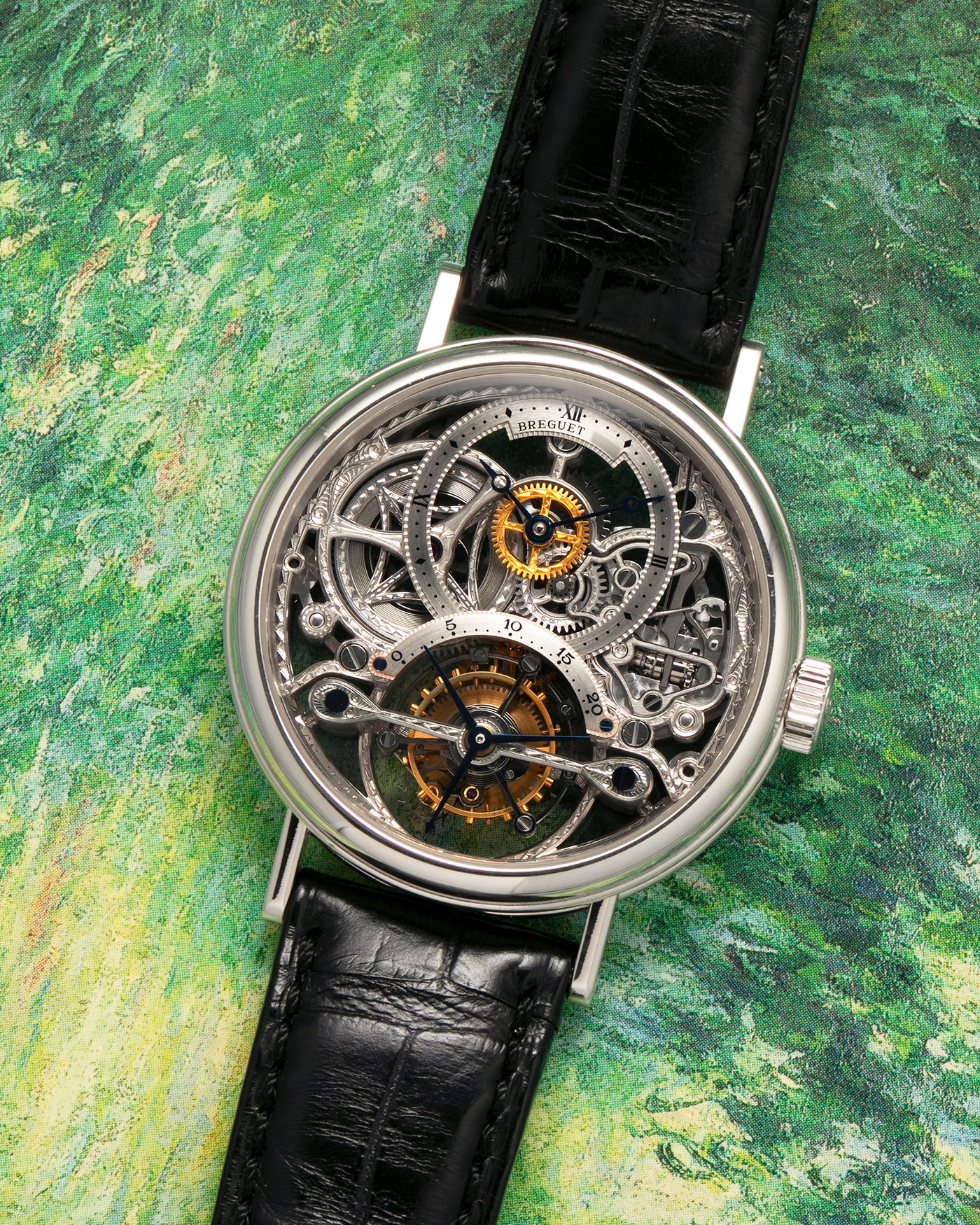Brand: Breguet
Year: 2000s
Model: Classique Tourbillon ‘Squelette’
Reference Number: 3355PT/00/986
Case Material: Platinum 950
Movement: Breguet Cal. 558 SQ1, Manual-Winding
Case Dimensions: 36mm x 9mm (Lug-to-Lug 43mm)
Lug Width: 18mm
Strap: Breguet Black Alligator Leather Strap with Signed Platinum 950 Deployant Clasp