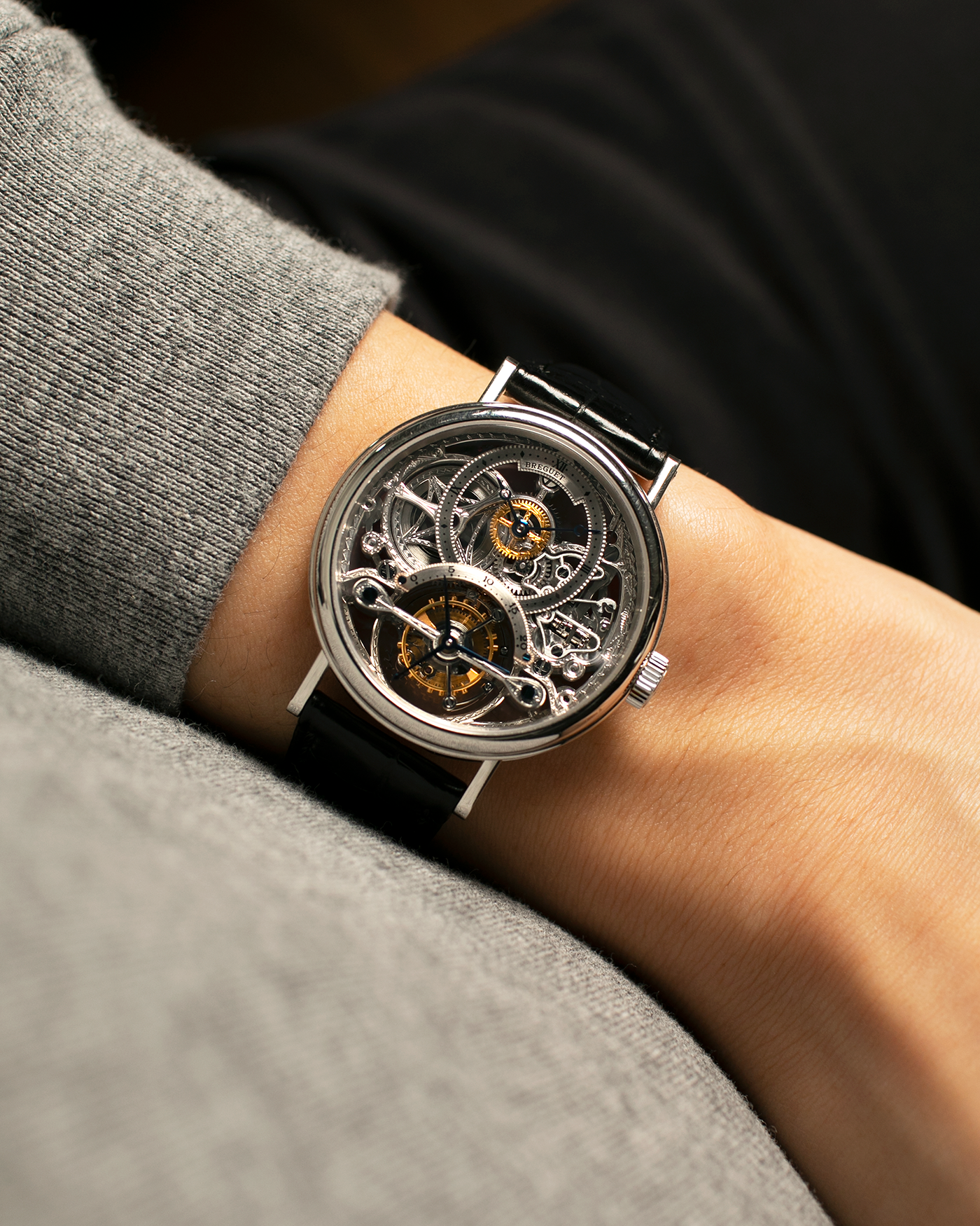 Brand: Breguet
Year: 2000s
Model: Classique Tourbillon ‘Squelette’
Reference Number: 3355PT/00/986
Case Material: Platinum 950
Movement: Breguet Cal. 558 SQ1, Manual-Winding
Case Dimensions: 36mm x 9mm (Lug-to-Lug 43mm)
Lug Width: 18mm
Strap: Breguet Black Alligator Leather Strap with Signed Platinum 950 Deployant Clasp