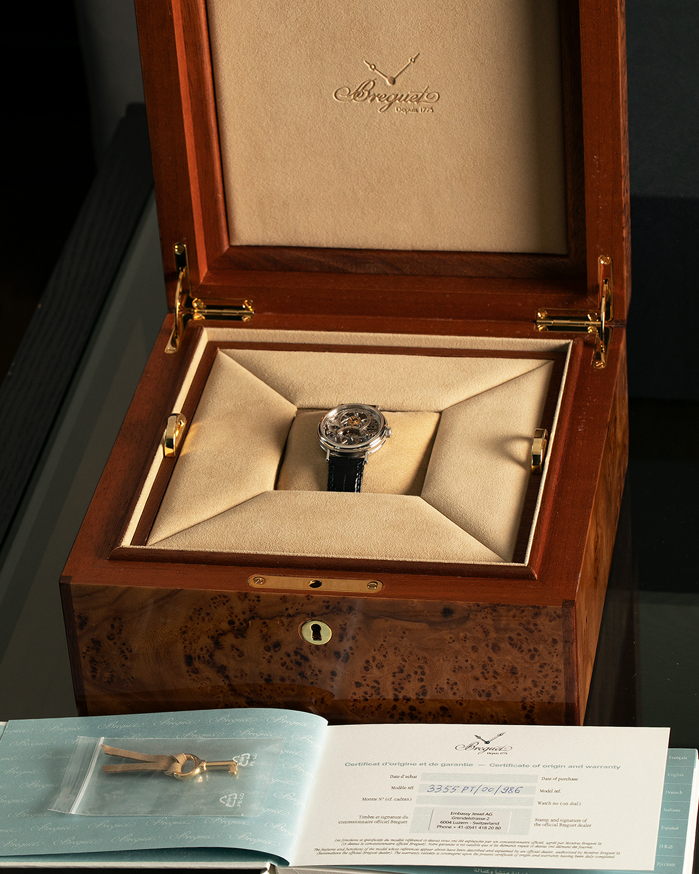 Brand: Breguet
Year: 2000s
Model: Classique Tourbillon ‘Squelette’
Reference Number: 3355PT/00/986
Case Material: Platinum 950
Movement: Breguet Cal. 558 SQ1, Manual-Winding
Case Dimensions: 36mm x 9mm (Lug-to-Lug 43mm)
Lug Width: 18mm
Strap: Breguet Black Alligator Leather Strap with Signed Platinum 950 Deployant Clasp