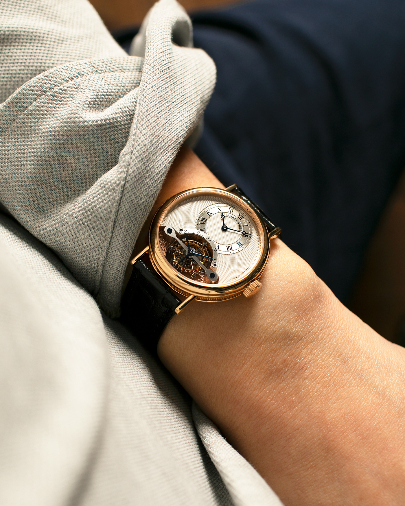 Brand: Breguet
Year: 2017
Model: Classique Tourbillon
Reference: 3357BR/12/986
Material: 18-carat Rose Gold
Movement: Breguet Cal. 558.1, Manual-Winding
Case Dimensions: 36mm x 9.5mm (Lug-to-Lug 43mm)
Lug Width: 18mm
Strap: Breguet Black Alligator Leather Strap with Signed 18-carat Rose Gold Deployant Clasp
