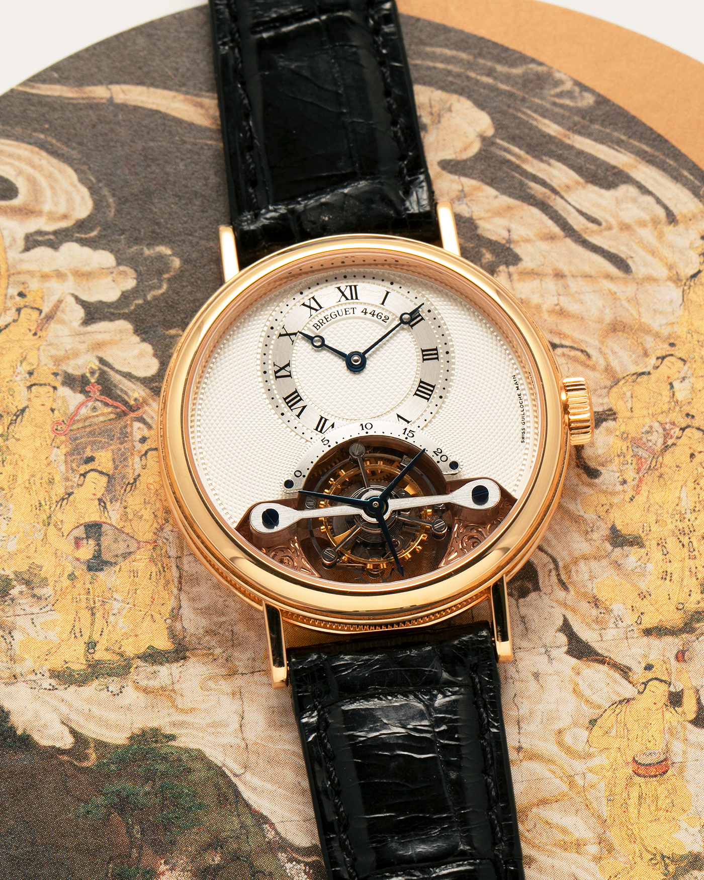 Brand: Breguet
Year: 2017
Model: Classique Tourbillon
Reference: 3357BR/12/986
Material: 18-carat Rose Gold
Movement: Breguet Cal. 558.1, Manual-Winding
Case Dimensions: 36mm x 9.5mm (Lug-to-Lug 43mm)
Lug Width: 18mm
Strap: Breguet Black Alligator Leather Strap with Signed 18-carat Rose Gold Deployant Clasp