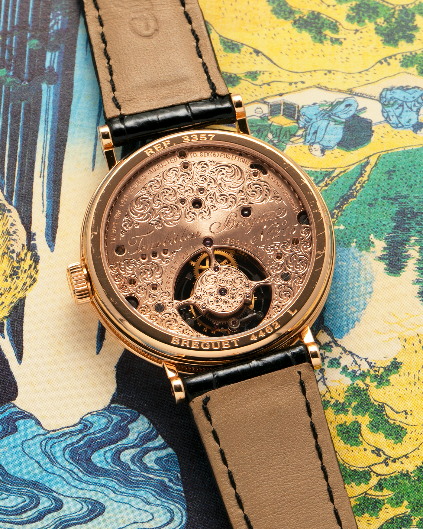 Brand: Breguet
Year: 2017
Model: Classique Tourbillon
Reference: 3357BR/12/986
Material: 18-carat Rose Gold
Movement: Breguet Cal. 558.1, Manual-Winding
Case Dimensions: 36mm x 9.5mm (Lug-to-Lug 43mm)
Lug Width: 18mm
Strap: Breguet Black Alligator Leather Strap with Signed 18-carat Rose Gold Deployant Clasp