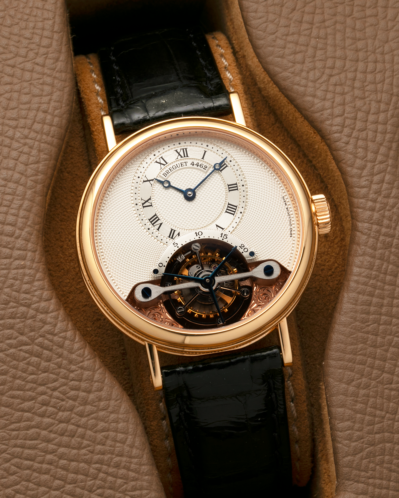 Brand: Breguet
Year: 2017
Model: Classique Tourbillon
Reference: 3357BR/12/986
Material: 18-carat Rose Gold
Movement: Breguet Cal. 558.1, Manual-Winding
Case Dimensions: 36mm x 9.5mm (Lug-to-Lug 43mm)
Lug Width: 18mm
Strap: Breguet Black Alligator Leather Strap with Signed 18-carat Rose Gold Deployant Clasp