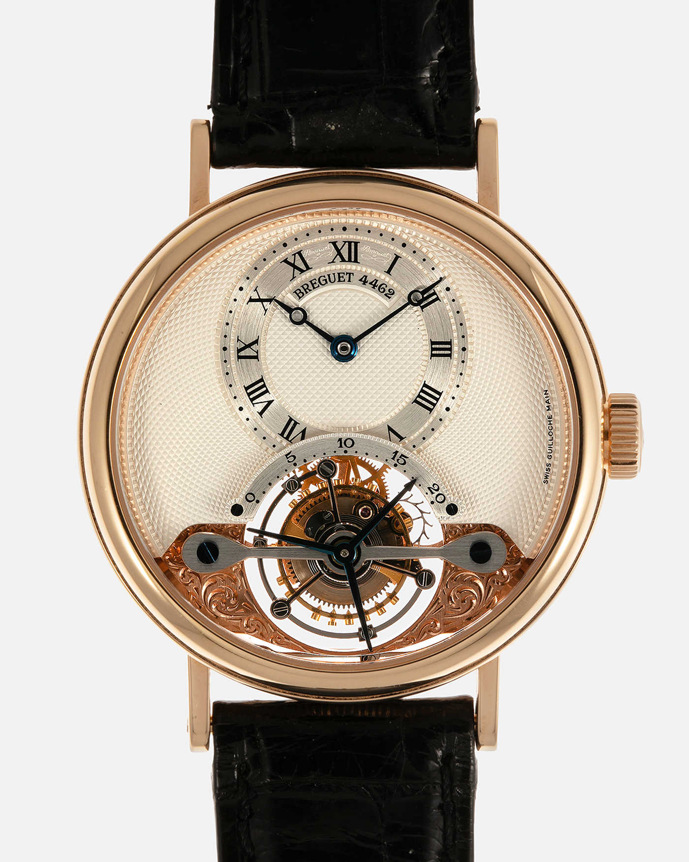 Brand: Breguet
Year: 2017
Model: Classique Tourbillon
Reference: 3357BR/12/986
Material: 18-carat Rose Gold
Movement: Breguet Cal. 558.1, Manual-Winding
Case Dimensions: 36mm x 9.5mm (Lug-to-Lug 43mm)
Lug Width: 18mm
Strap: Breguet Black Alligator Leather Strap with Signed 18-carat Rose Gold Deployant Clasp
