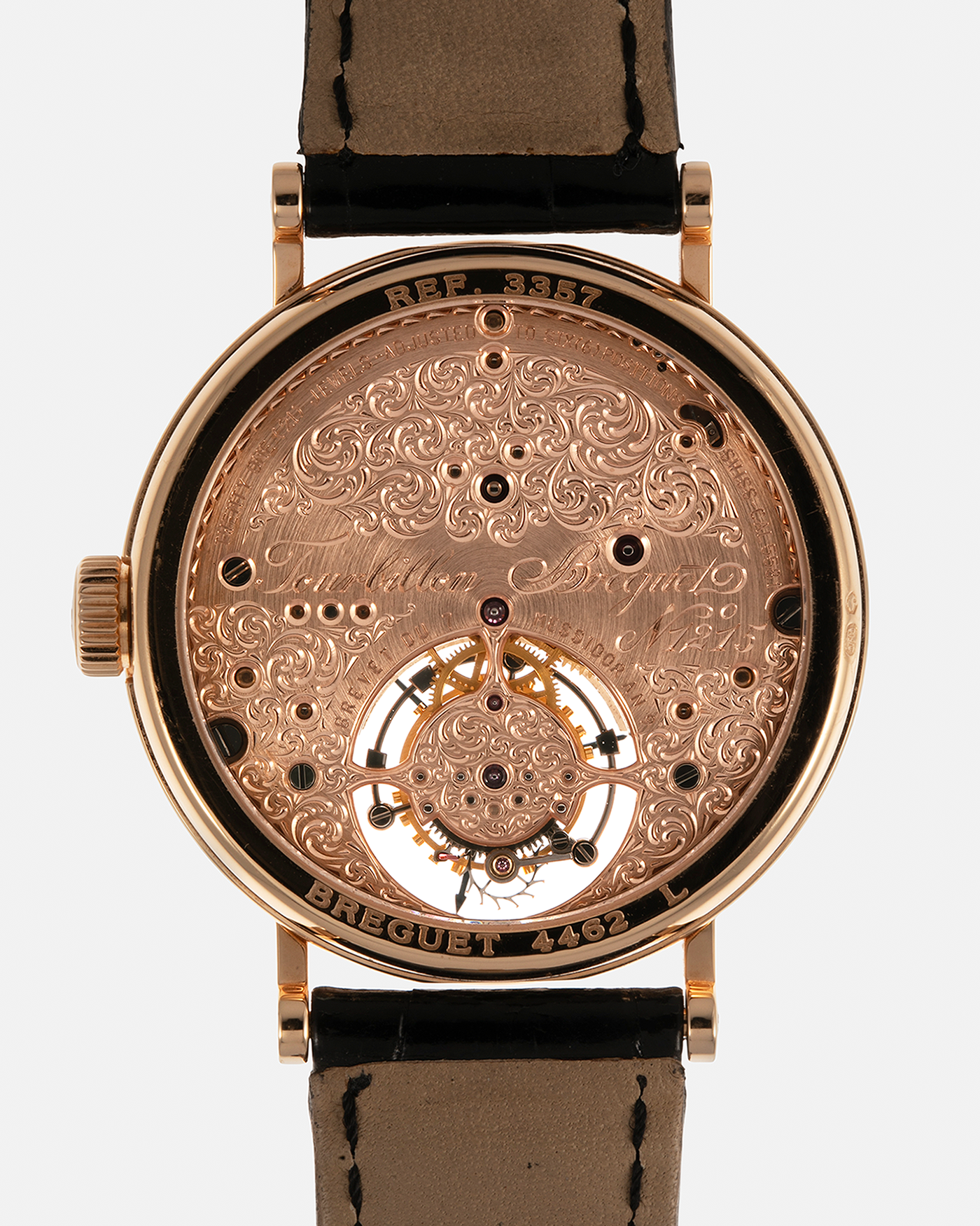 Brand: Breguet
Year: 2017
Model: Classique Tourbillon
Reference: 3357BR/12/986
Material: 18-carat Rose Gold
Movement: Breguet Cal. 558.1, Manual-Winding
Case Dimensions: 36mm x 9.5mm (Lug-to-Lug 43mm)
Lug Width: 18mm
Strap: Breguet Black Alligator Leather Strap with Signed 18-carat Rose Gold Deployant Clasp