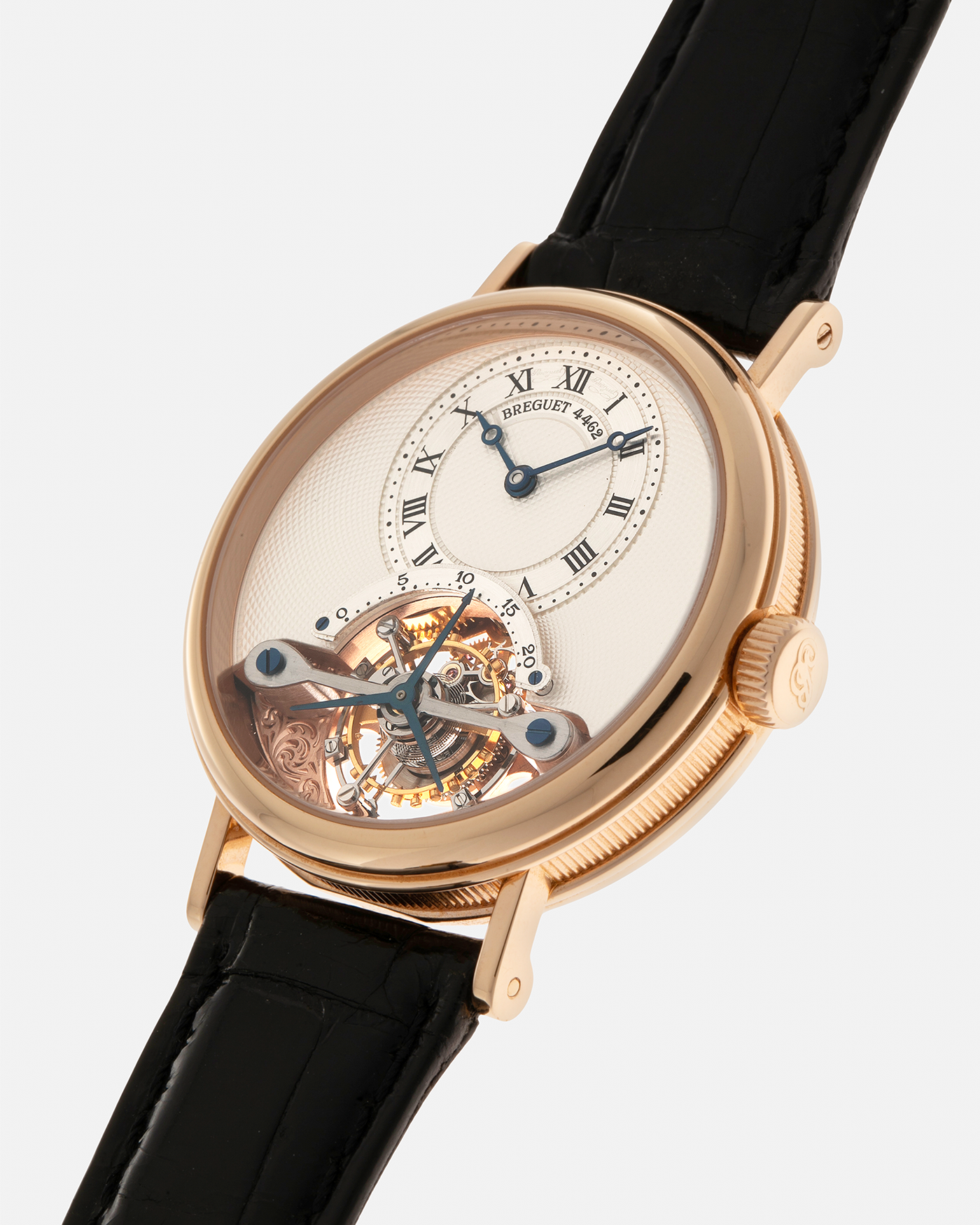Brand: Breguet
Year: 2017
Model: Classique Tourbillon
Reference: 3357BR/12/986
Material: 18-carat Rose Gold
Movement: Breguet Cal. 558.1, Manual-Winding
Case Dimensions: 36mm x 9.5mm (Lug-to-Lug 43mm)
Lug Width: 18mm
Strap: Breguet Black Alligator Leather Strap with Signed 18-carat Rose Gold Deployant Clasp