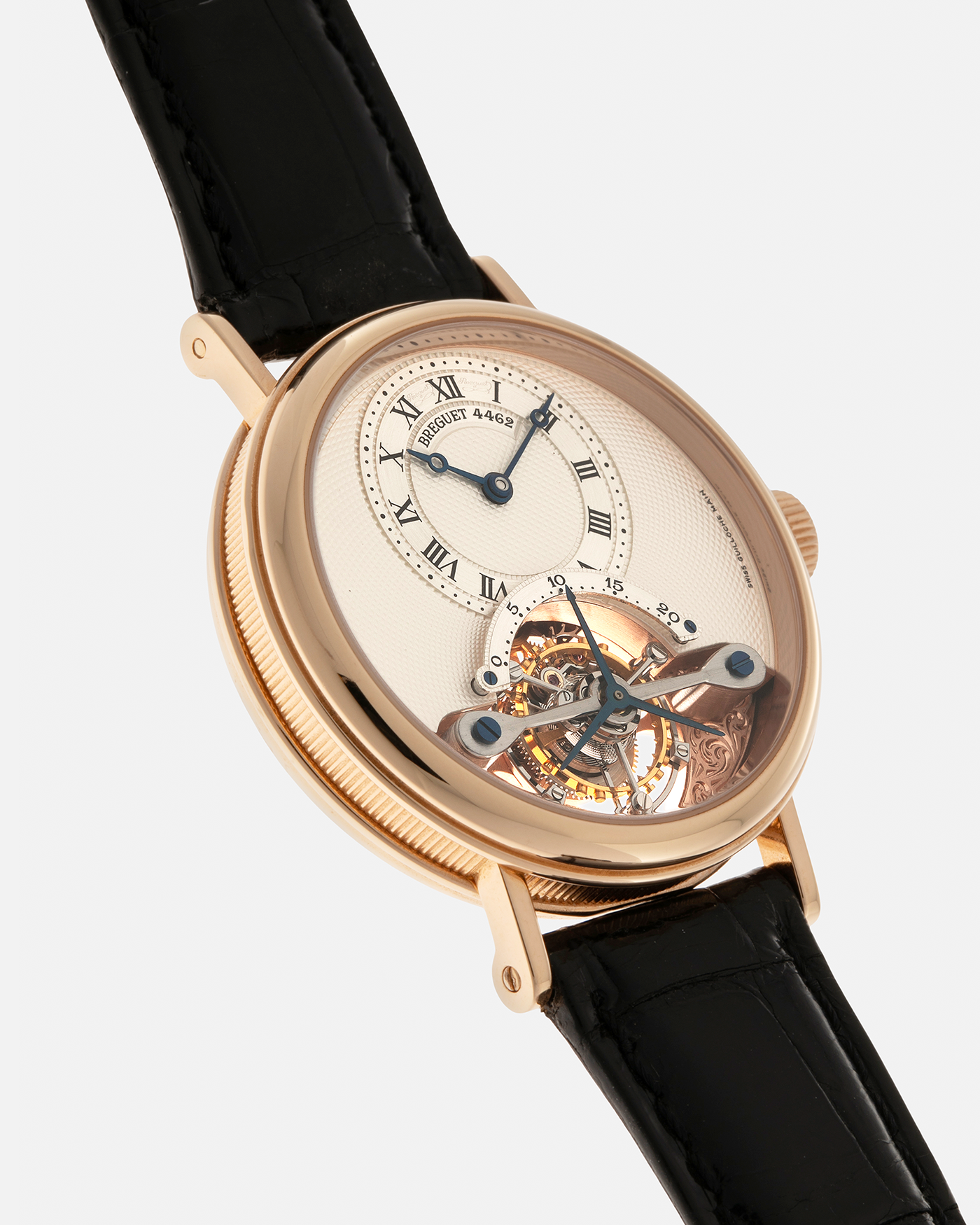 Brand: Breguet
Year: 2017
Model: Classique Tourbillon
Reference: 3357BR/12/986
Material: 18-carat Rose Gold
Movement: Breguet Cal. 558.1, Manual-Winding
Case Dimensions: 36mm x 9.5mm (Lug-to-Lug 43mm)
Lug Width: 18mm
Strap: Breguet Black Alligator Leather Strap with Signed 18-carat Rose Gold Deployant Clasp