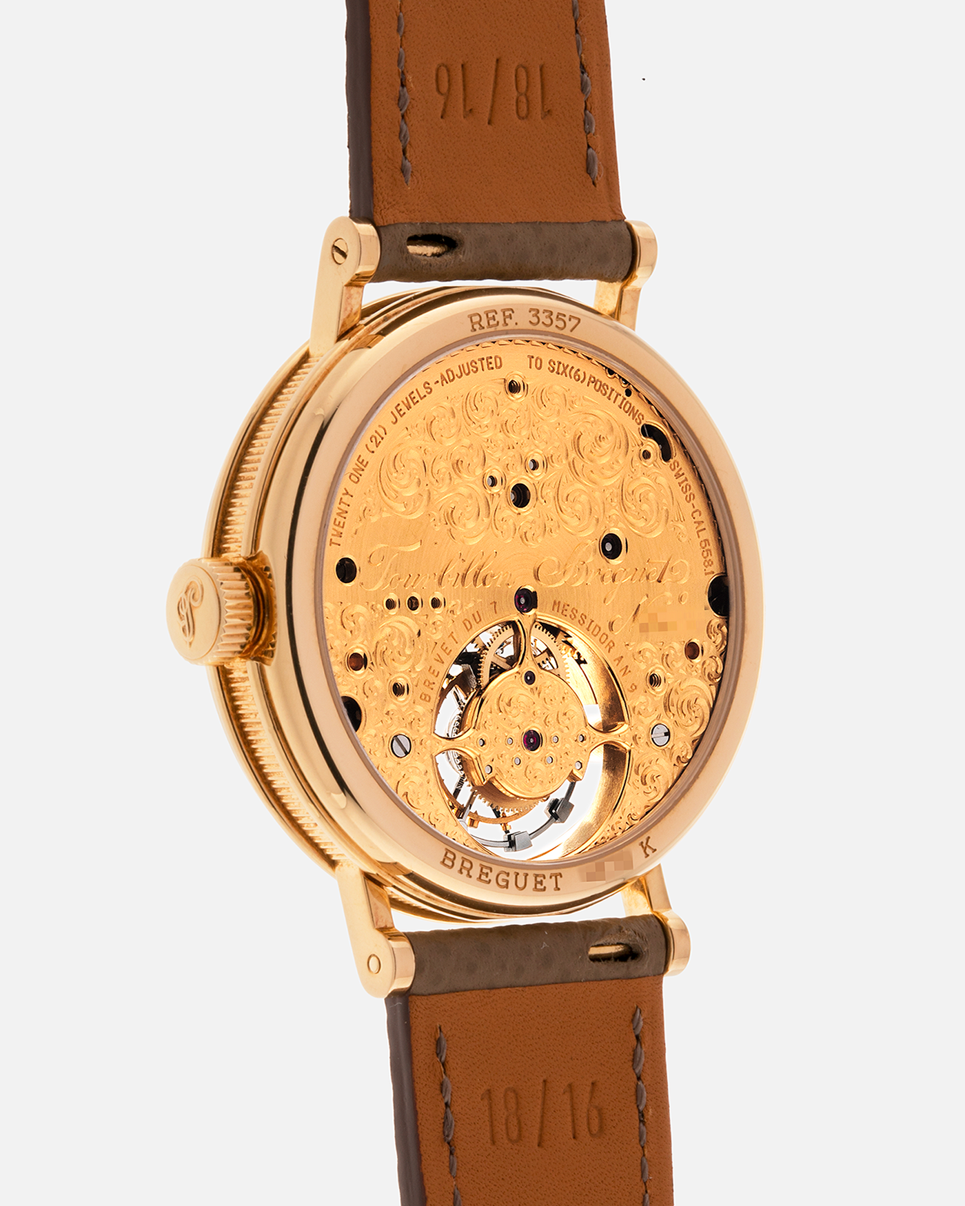Brand: Breguet
Year: 2000-2001, K Series
Model: Classique Tourbillon
Reference: 3357BA
Material: 18-carat Yellow Gold
Movement: Breguet Cal. 558, Manually Wound One Minute Tourbillon
Case Dimensions: 35mm Diameter 9mm Thickness
Lug Width: 18 mm
Strap: Nostime Taupe Textured Calf Strap and 18k Yellow Gold Breguet Deployant