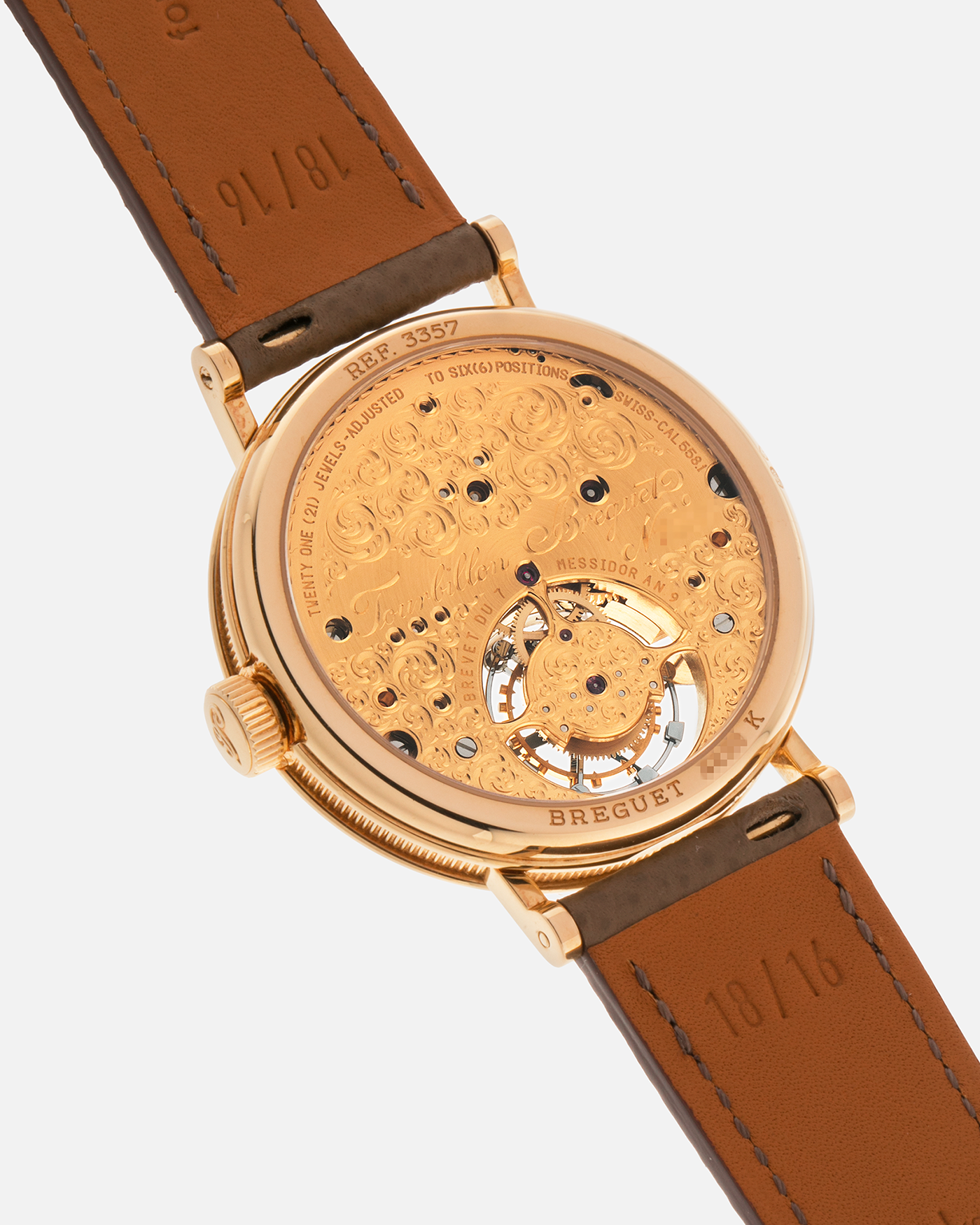 Brand: Breguet
Year: 2000-2001, K Series
Model: Classique Tourbillon
Reference: 3357BA
Material: 18-carat Yellow Gold
Movement: Breguet Cal. 558, Manually Wound One Minute Tourbillon
Case Dimensions: 35mm Diameter 9mm Thickness
Lug Width: 18 mm
Strap: Nostime Taupe Textured Calf Strap and 18k Yellow Gold Breguet Deployant