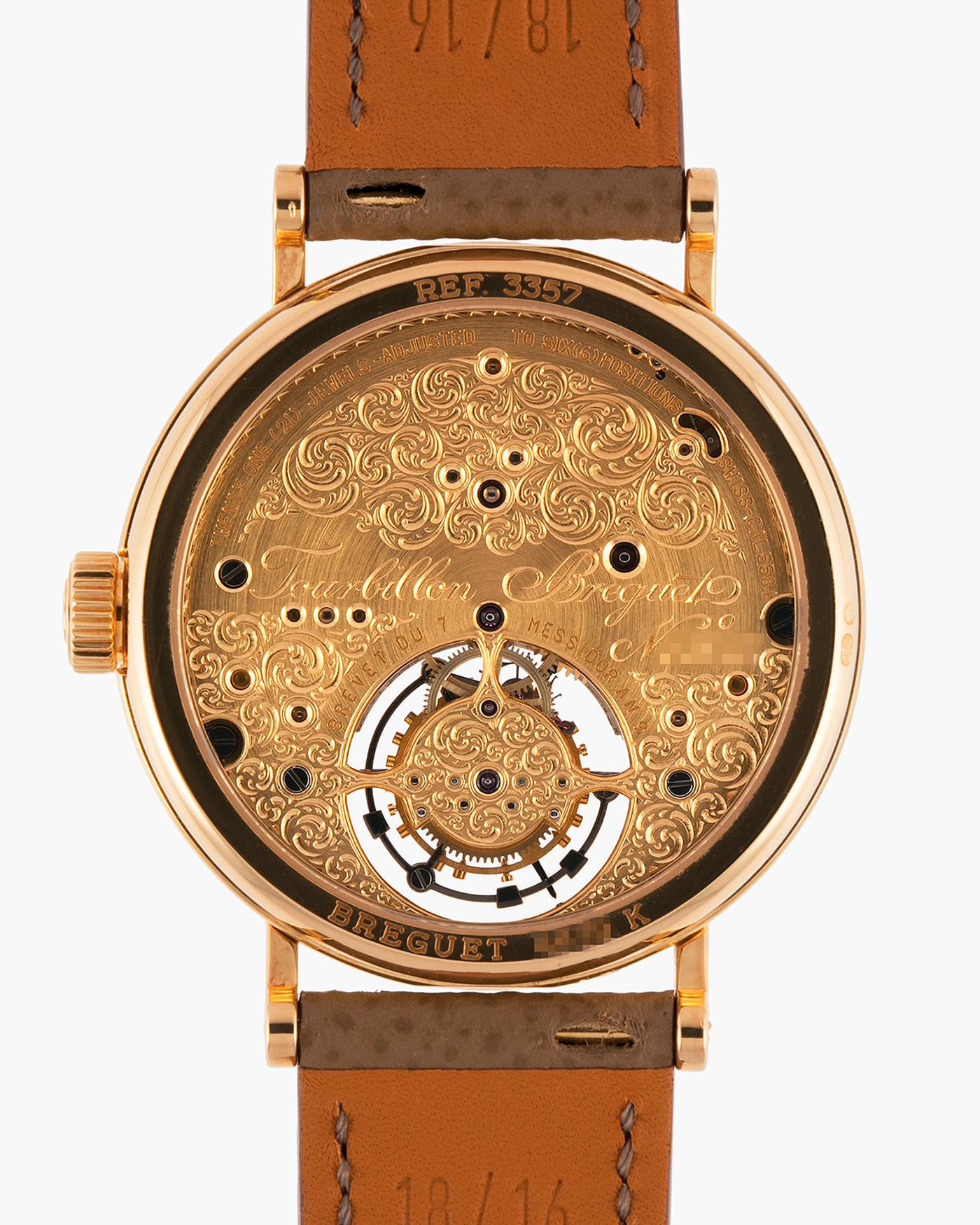 Brand: Breguet
Year: 2000-2001, K Series
Model: Classique Tourbillon
Reference: 3357BA
Material: 18-carat Yellow Gold
Movement: Breguet Cal. 558, Manually Wound One Minute Tourbillon
Case Dimensions: 35mm Diameter 9mm Thickness
Lug Width: 18 mm
Strap: Nostime Taupe Textured Calf Strap and 18k Yellow Gold Breguet Deployant