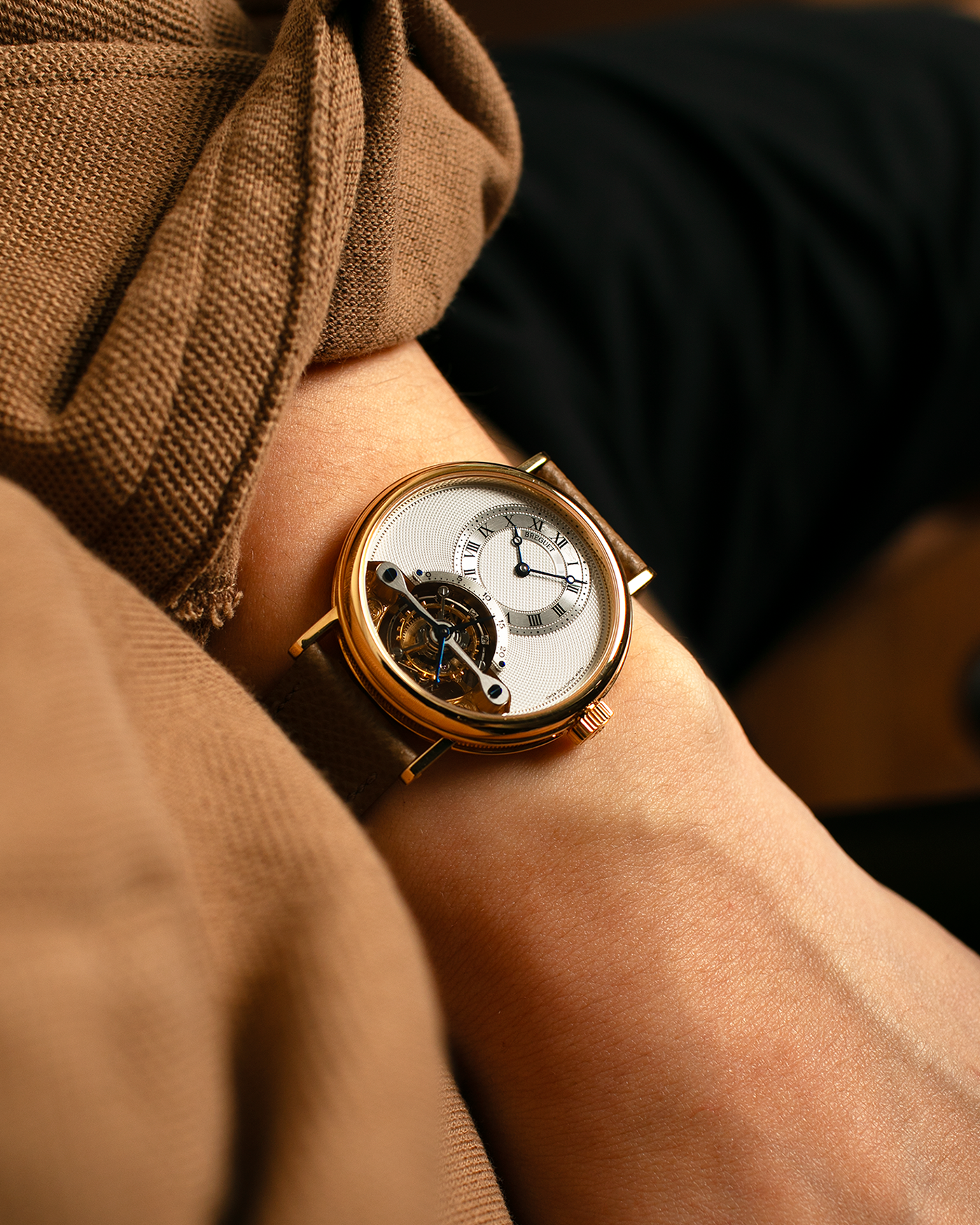Brand: Breguet
Year: 2000-2001, K Series
Model: Classique Tourbillon
Reference: 3357BA
Material: 18-carat Yellow Gold
Movement: Breguet Cal. 558, Manually Wound One Minute Tourbillon
Case Dimensions: 35mm Diameter 9mm Thickness
Lug Width: 18 mm
Strap: Nostime Taupe Textured Calf Strap and 18k Yellow Gold Breguet Deployant