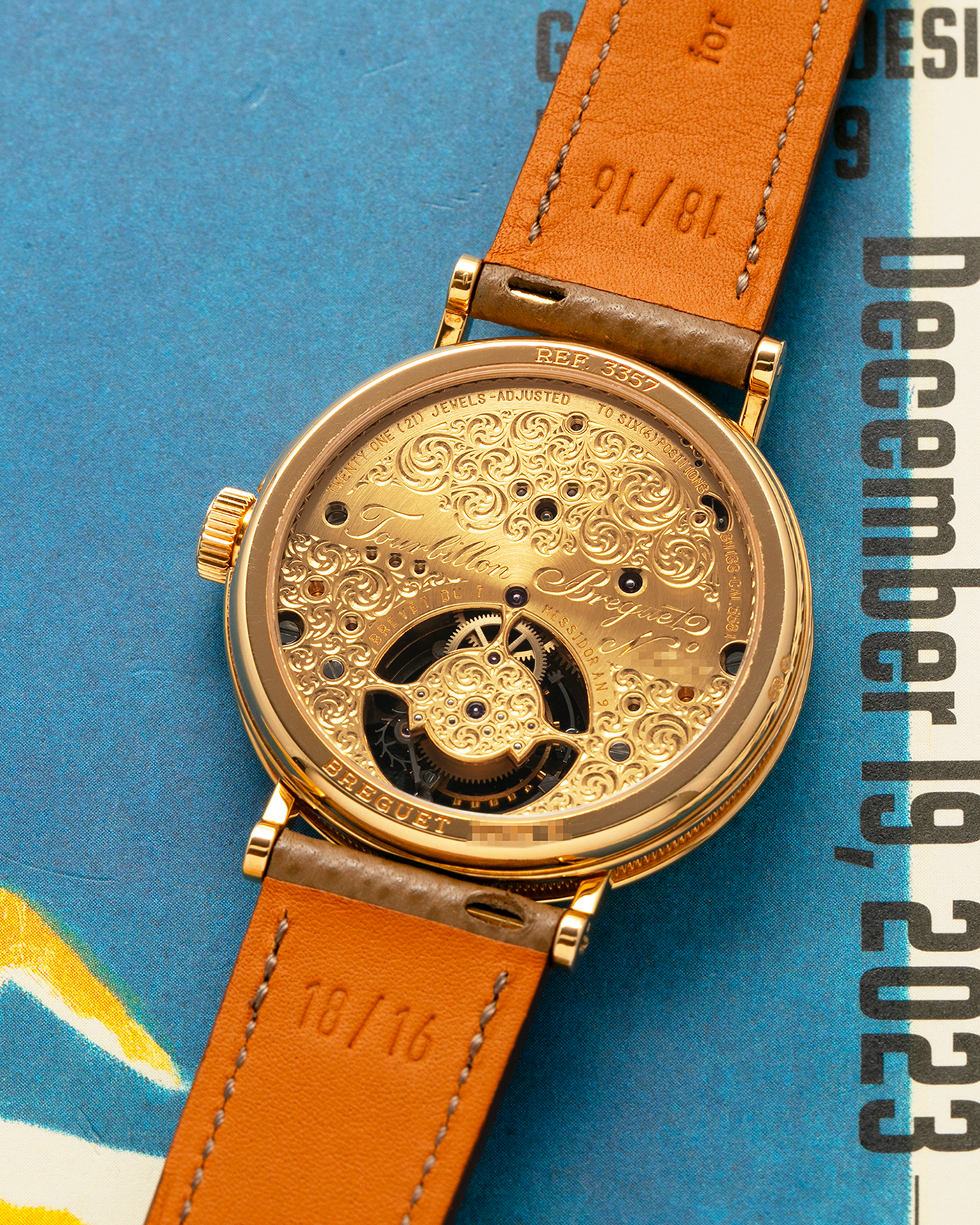 Brand: Breguet
Year: 2000-2001, K Series
Model: Classique Tourbillon
Reference: 3357BA
Material: 18-carat Yellow Gold
Movement: Breguet Cal. 558, Manually Wound One Minute Tourbillon
Case Dimensions: 35mm Diameter 9mm Thickness
Lug Width: 18 mm
Strap: Nostime Taupe Textured Calf Strap and 18k Yellow Gold Breguet Deployant