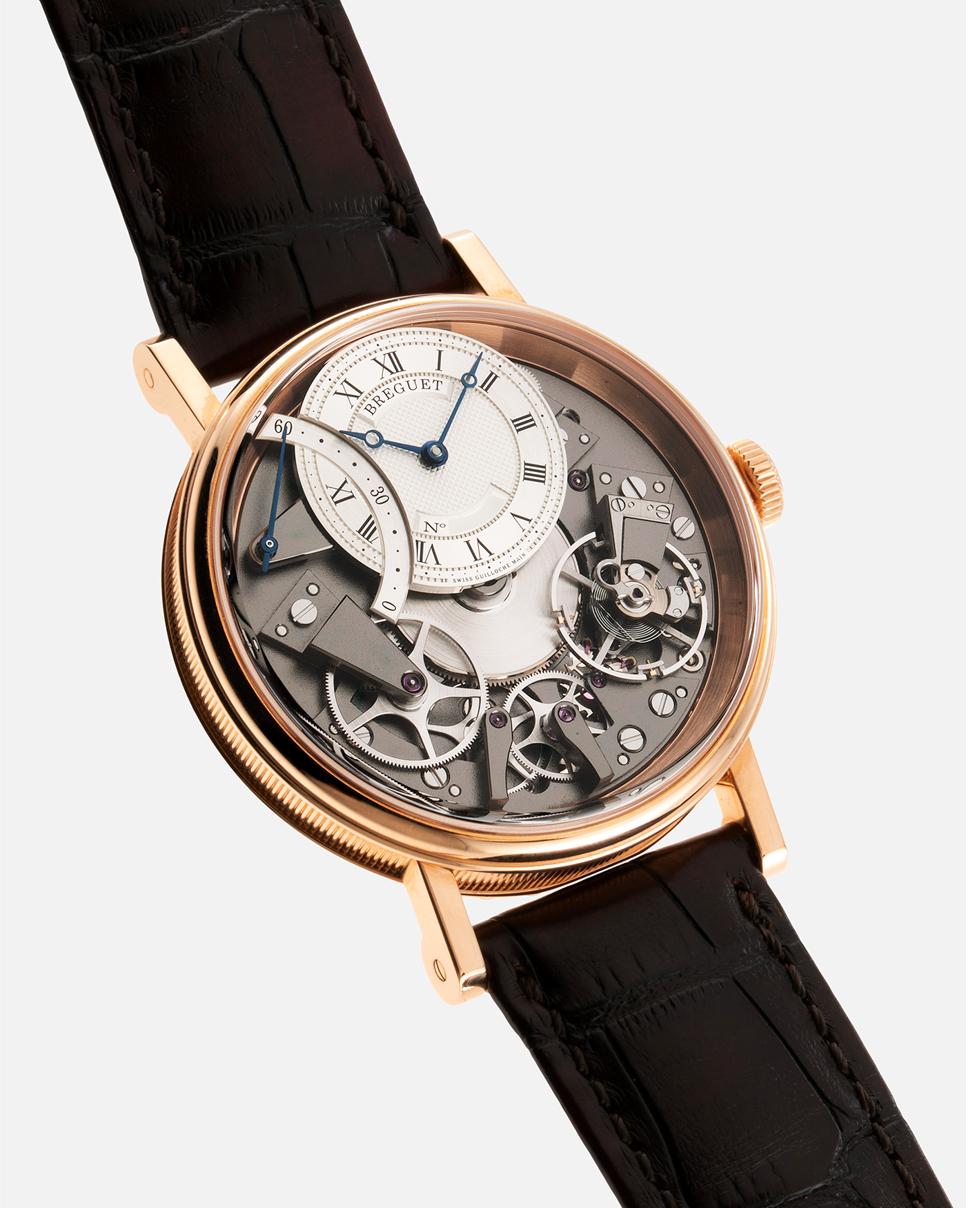 Brand: Breguet Year: 2022 Model: Tradition Automatique Seconde Retrograde Reference: 7097 Material: 18-carat Rose Gold Movement: Breguet Cal. 505 SR1, Self-Winding Case Diameter: 40mm Strap: Breguet Medium Brown Alligator Strap with signed 18-carat Rose Gold Tang Buckle