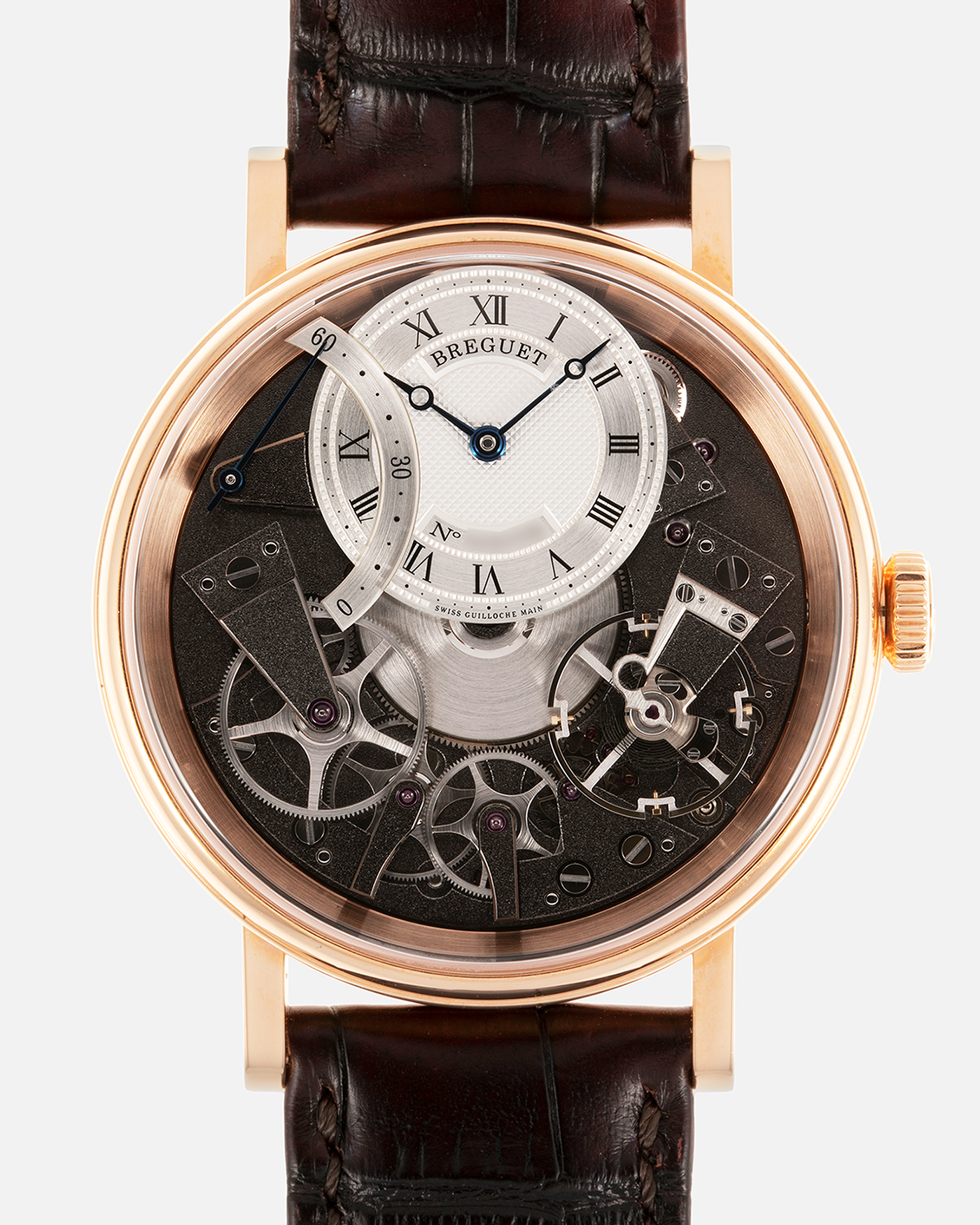 Brand: Breguet Year: 2022 Model: Tradition Automatique Seconde Retrograde Reference: 7097 Material: 18-carat Rose Gold Movement: Breguet Cal. 505 SR1, Self-Winding Case Diameter: 40mm Strap: Breguet Medium Brown Alligator Strap with signed 18-carat Rose Gold Tang Buckle