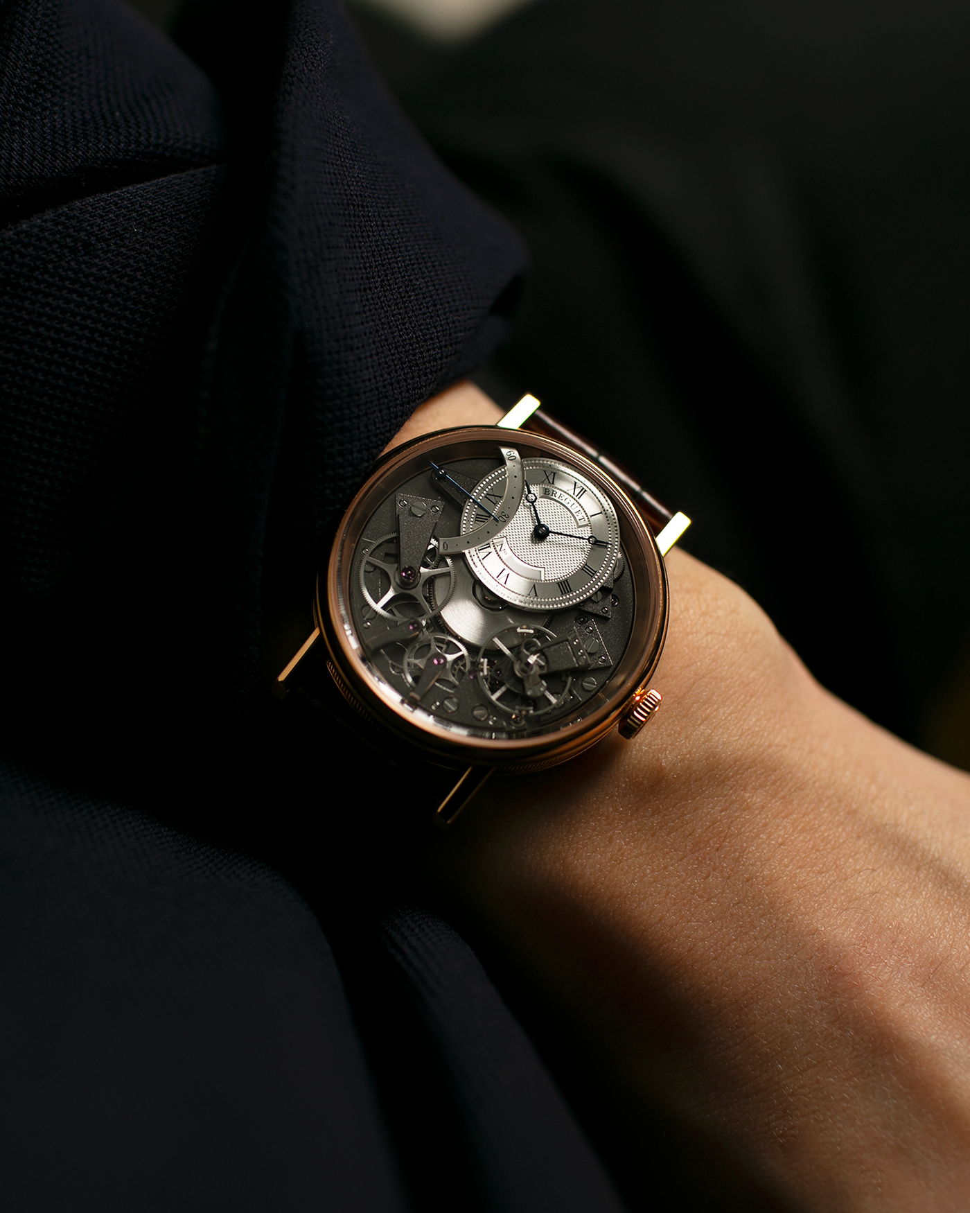 Brand: Breguet Year: 2022 Model: Tradition Automatique Seconde Retrograde Reference: 7097 Material: 18-carat Rose Gold Movement: Breguet Cal. 505 SR1, Self-Winding Case Diameter: 40mm Strap: Breguet Medium Brown Alligator Strap with signed 18-carat Rose Gold Tang Buckle