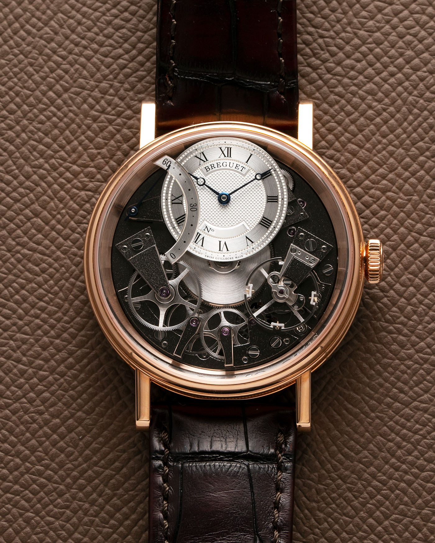 Brand: Breguet Year: 2022 Model: Tradition Automatique Seconde Retrograde Reference: 7097 Material: 18-carat Rose Gold Movement: Breguet Cal. 505 SR1, Self-Winding Case Diameter: 40mm Strap: Breguet Medium Brown Alligator Strap with signed 18-carat Rose Gold Tang Buckle