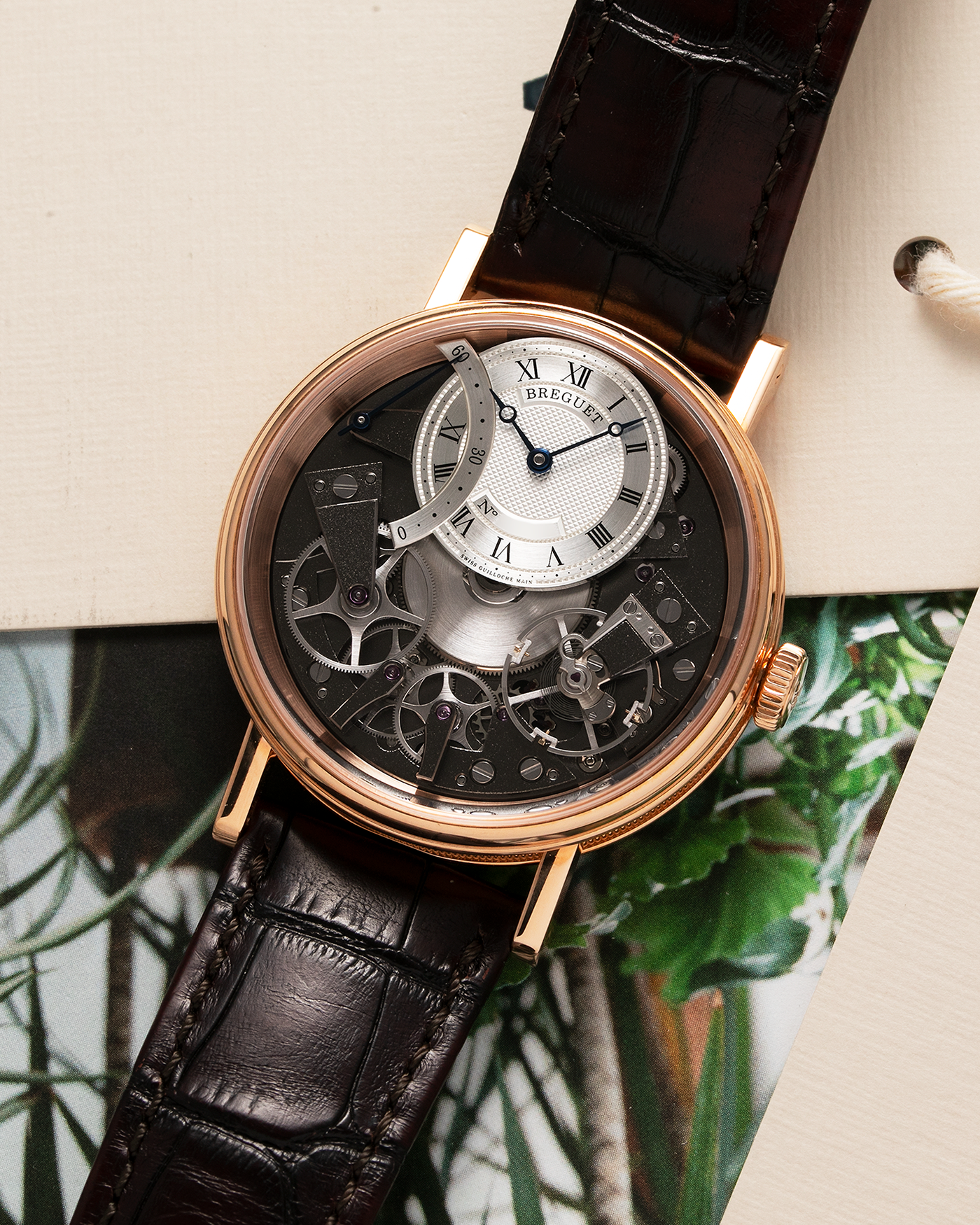 Brand: Breguet Year: 2022 Model: Tradition Automatique Seconde Retrograde Reference: 7097 Material: 18-carat Rose Gold Movement: Breguet Cal. 505 SR1, Self-Winding Case Diameter: 40mm Strap: Breguet Medium Brown Alligator Strap with signed 18-carat Rose Gold Tang Buckle