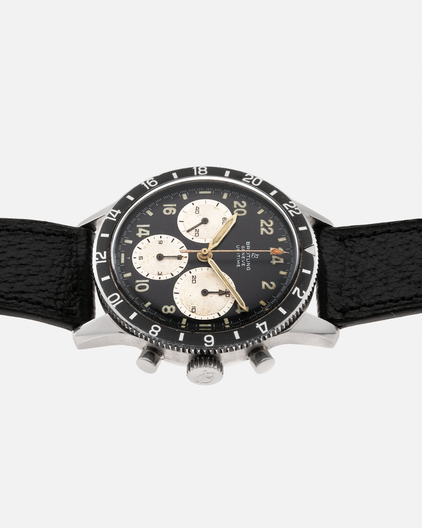 Brand: Breitling Year: Late 1960s Model: Unitime Reference Number: 1765 Material: Stainless Steel Movement: Venus Cal. 178, Manual-Winding Case Diameter: 41mm Strap: Generic Black Textured Calf Leather Strap
