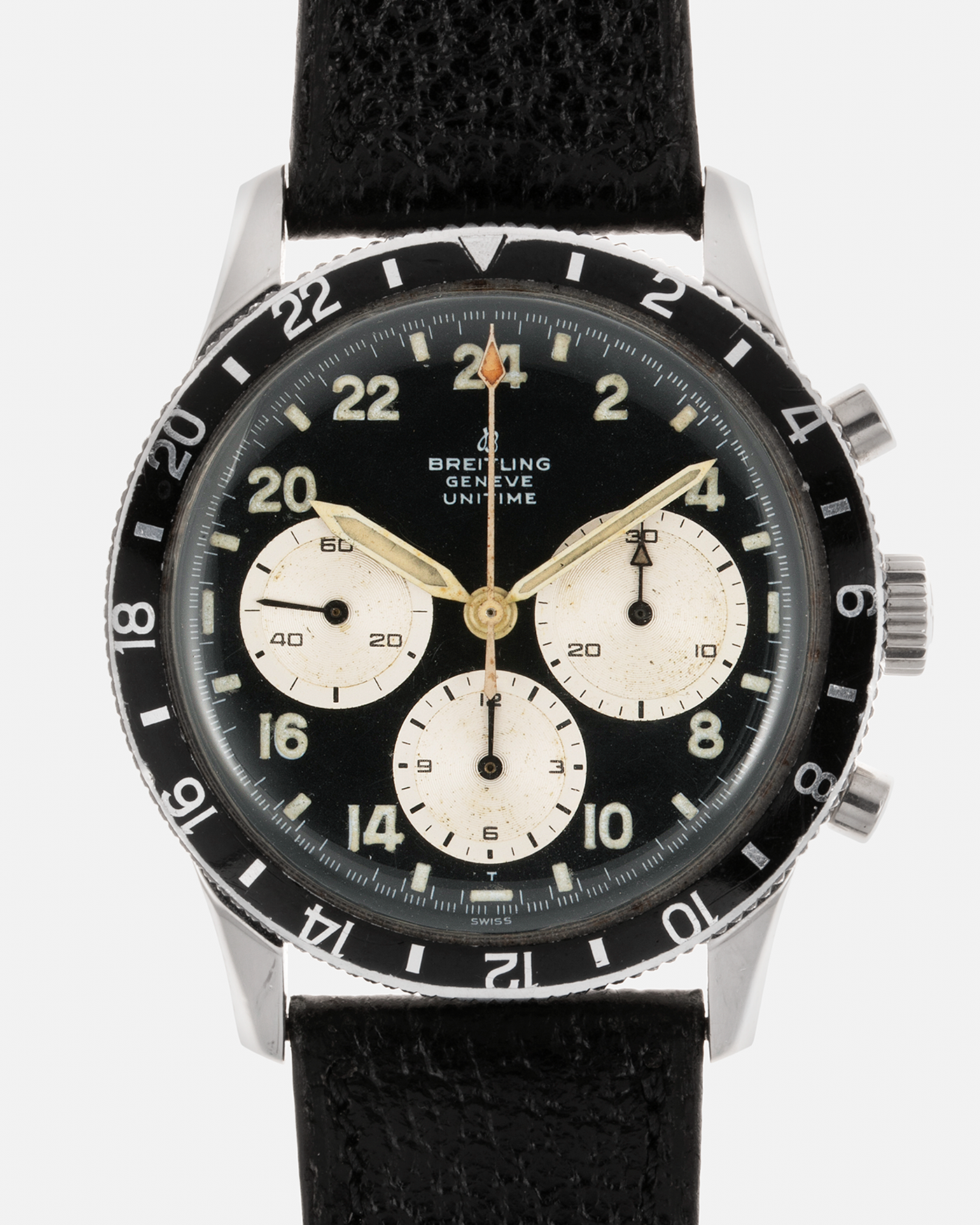 Brand: Breitling Year: Late 1960s Model: Unitime Reference Number: 1765 Material: Stainless Steel Movement: Venus Cal. 178, Manual-Winding Case Diameter: 41mm Strap: Generic Black Textured Calf Leather Strap
