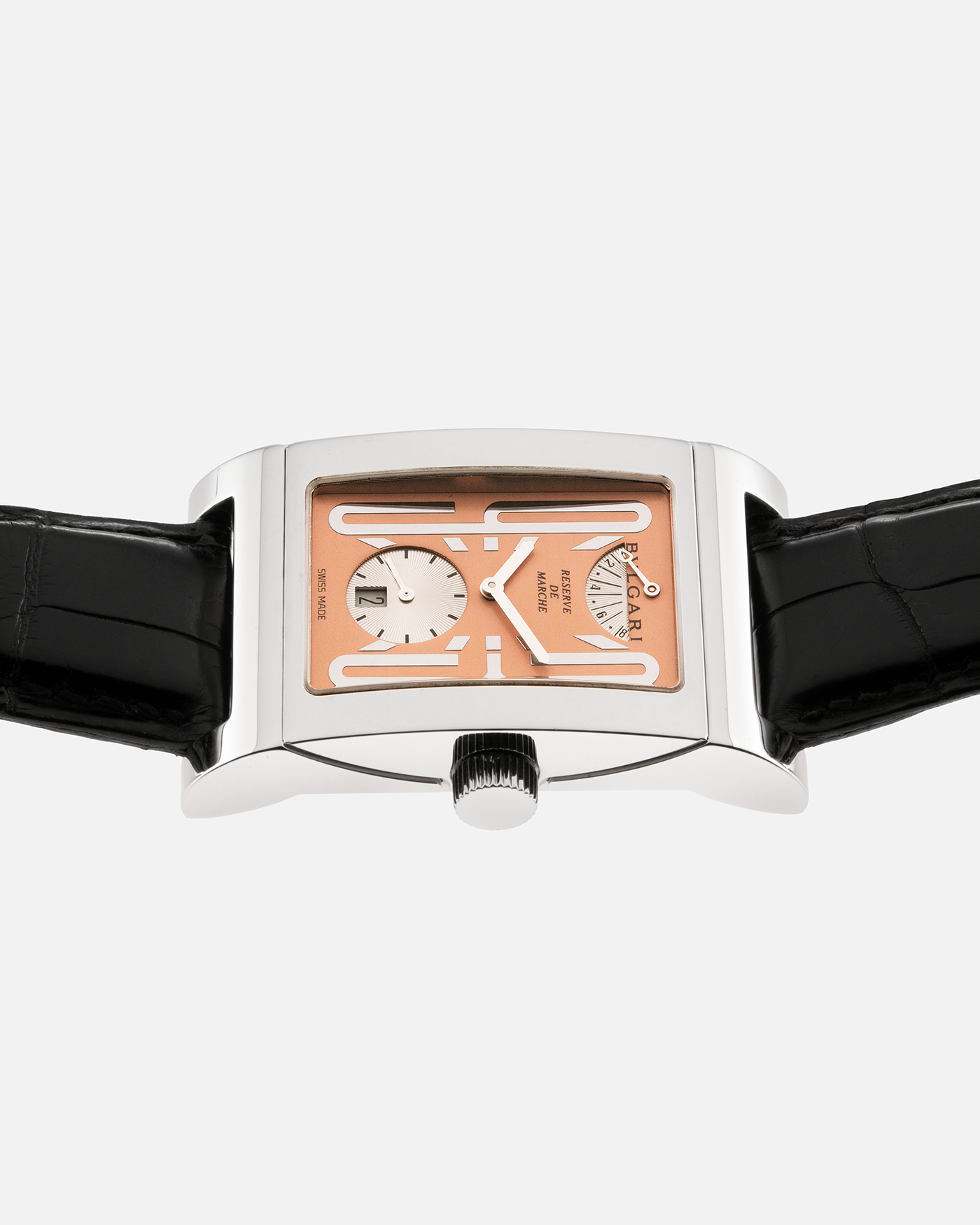 Brand: Bulgari Year: 2001 Model: Rettangolo Reserve de Marche, Limited Edition of 99 pieces Material: Platinum 950 Movement: Bulgari Cal. 115, Made by Parmigiani Case Diameter: 29mm x 48mm Bracelet/Strap: Bulgari Black Alligator Leather Strap with Signed Platinum Deployant Clasp
