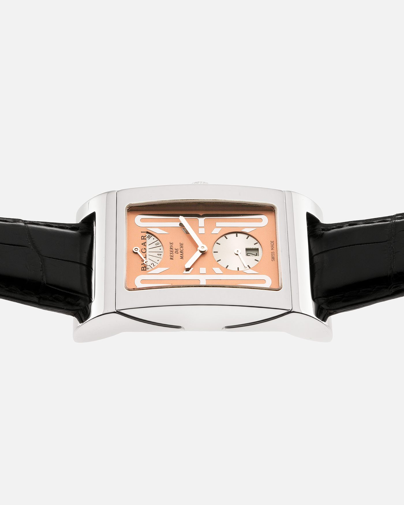 Brand: Bulgari Year: 2001 Model: Rettangolo Reserve de Marche, Limited Edition of 99 pieces Material: Platinum 950 Movement: Bulgari Cal. 115, Made by Parmigiani Case Diameter: 29mm x 48mm Bracelet/Strap: Bulgari Black Alligator Leather Strap with Signed Platinum Deployant Clasp